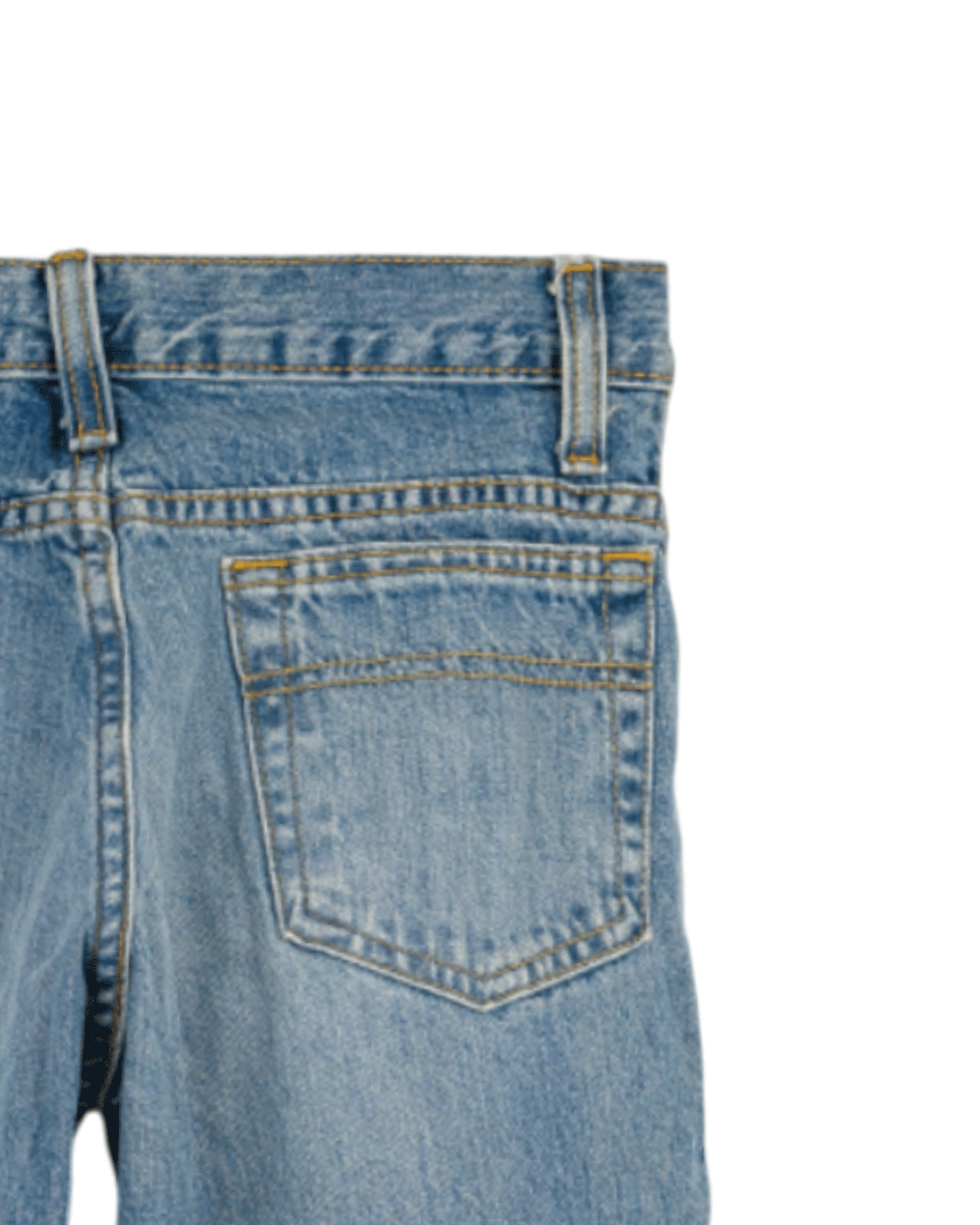 Close-up of a blue denim jeans pocket on a white background