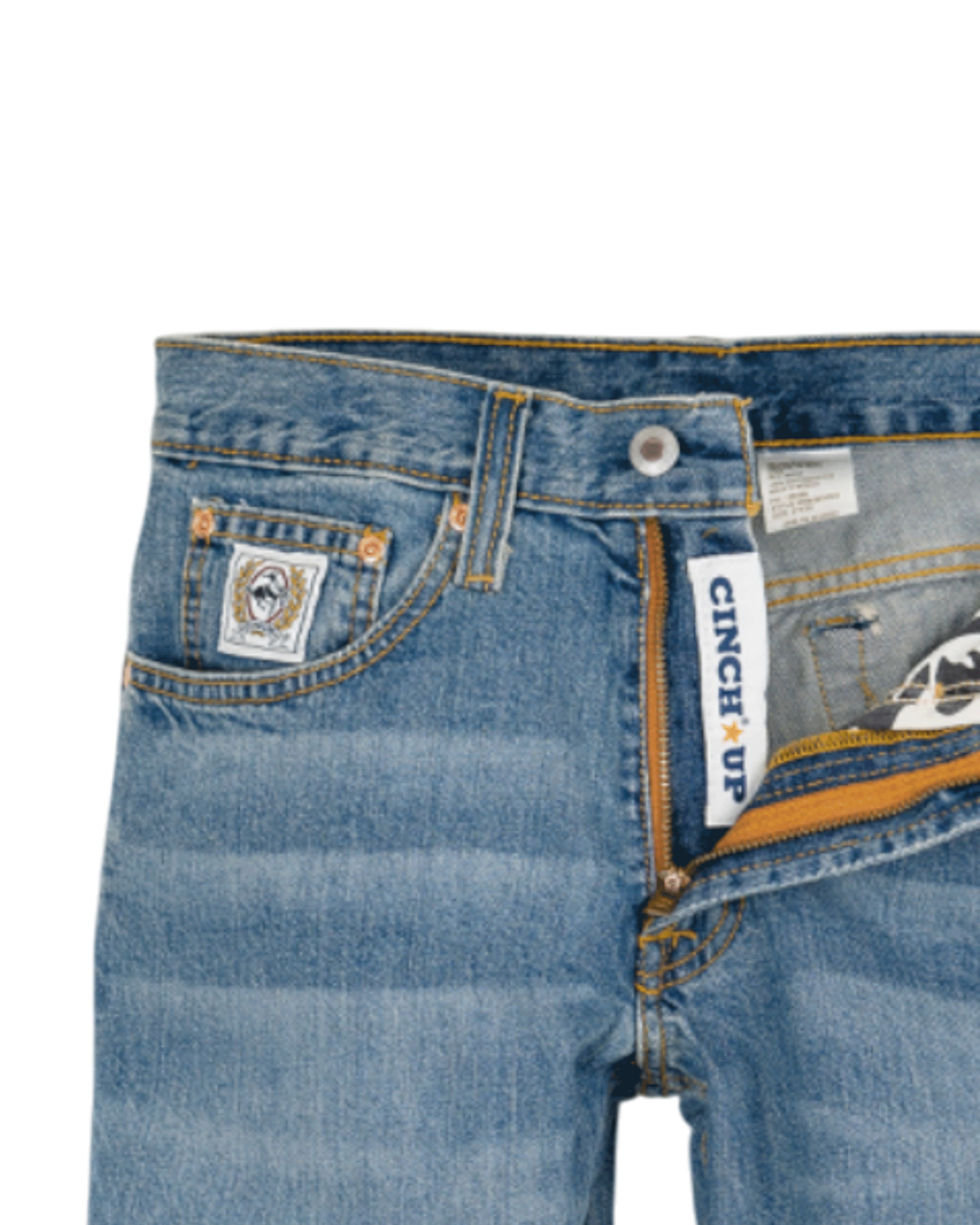 Close-up of blue jeans with visible branding on a white background