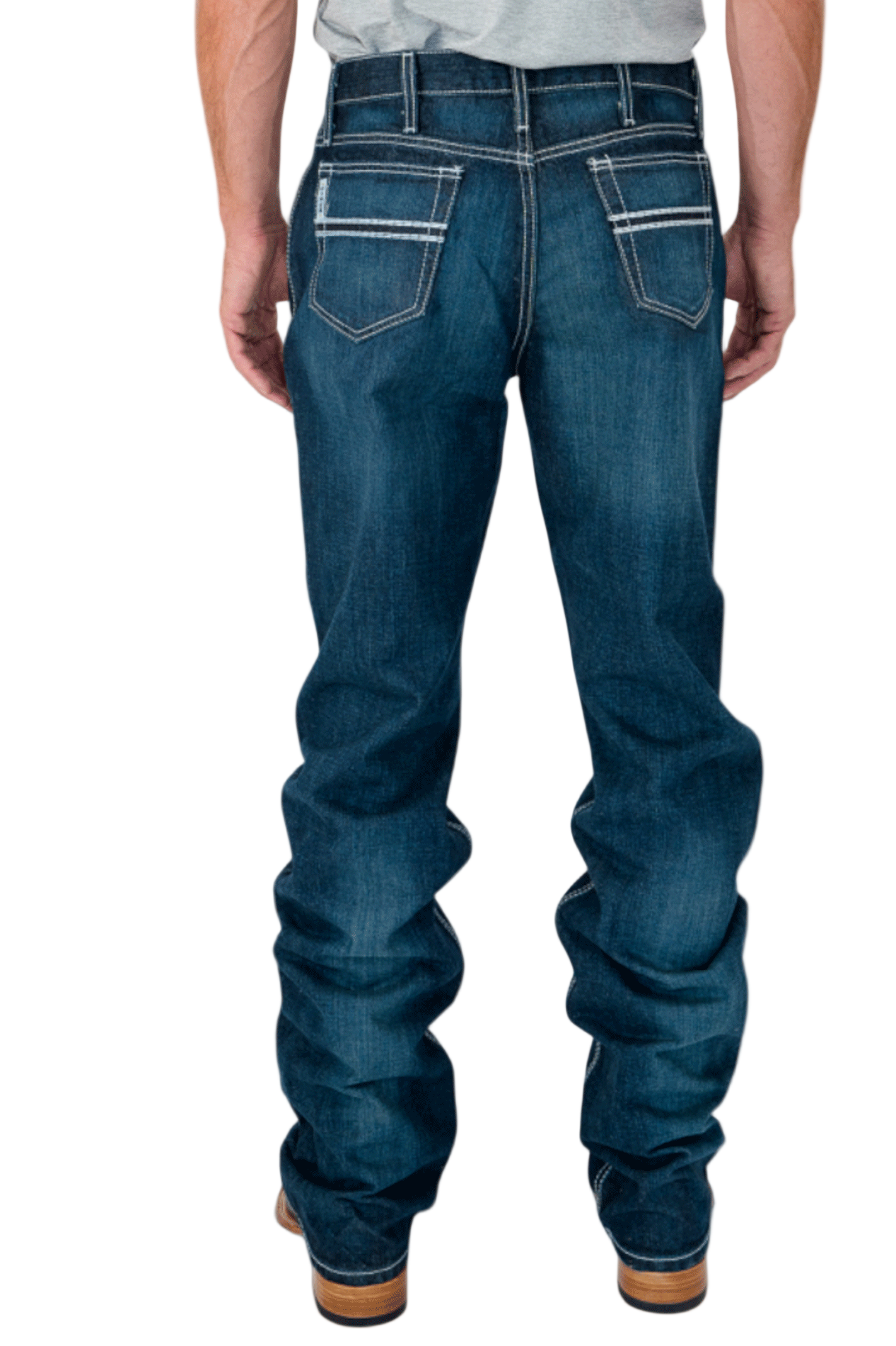 Person wearing blue jeans on a white background