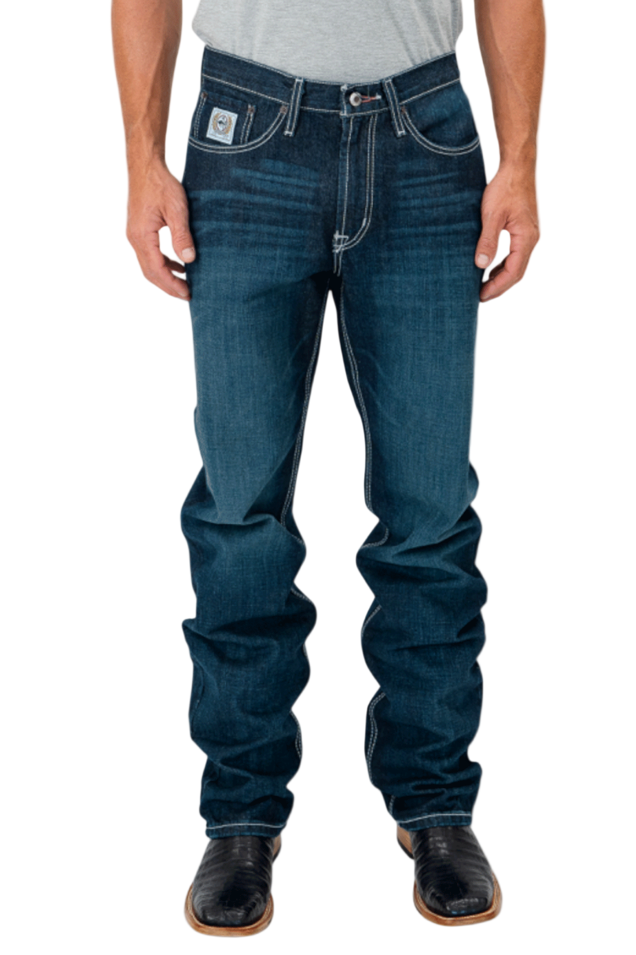 Person wearing blue jeans on a white background