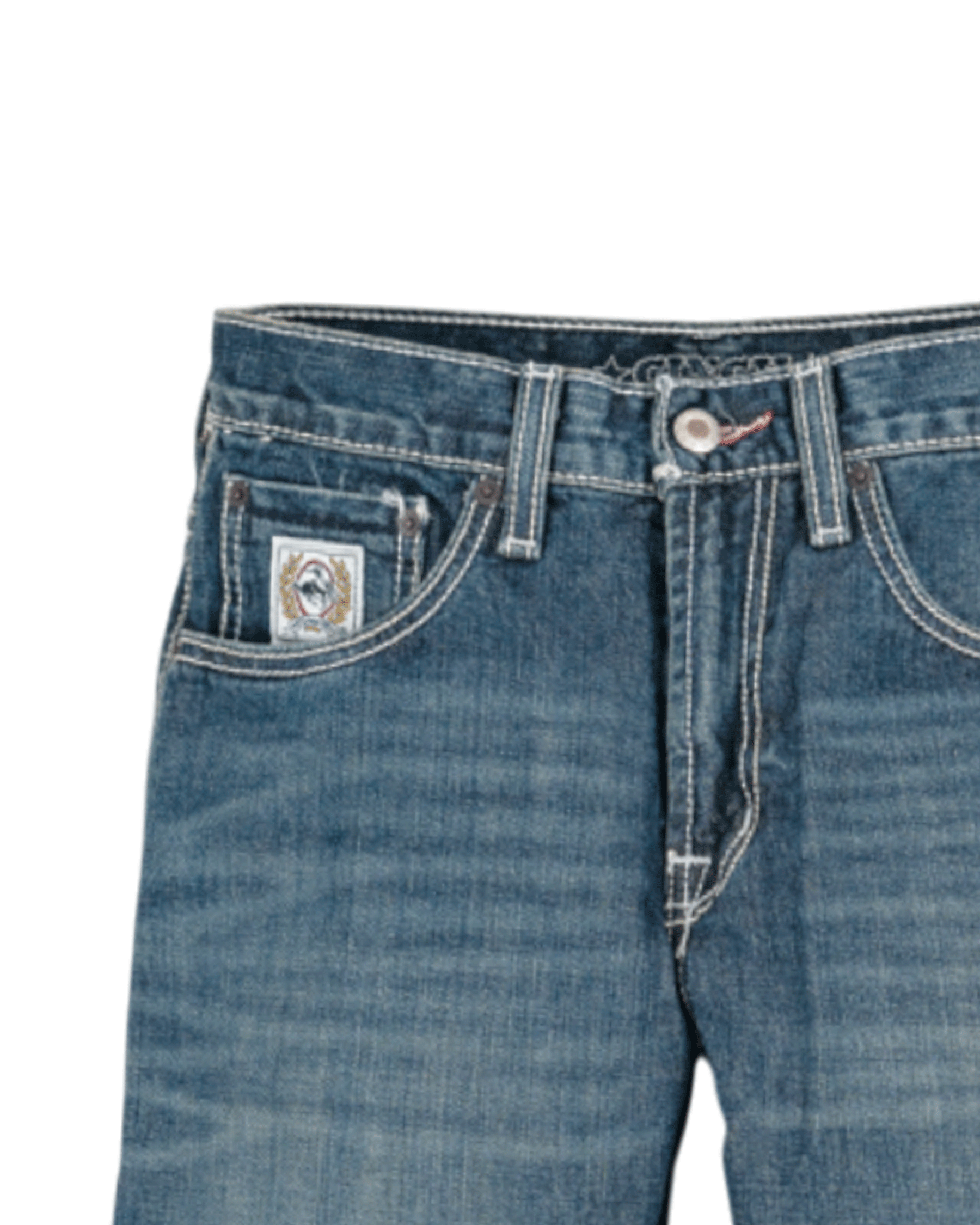 Close-up of blue jeans with a brand logo on a white background