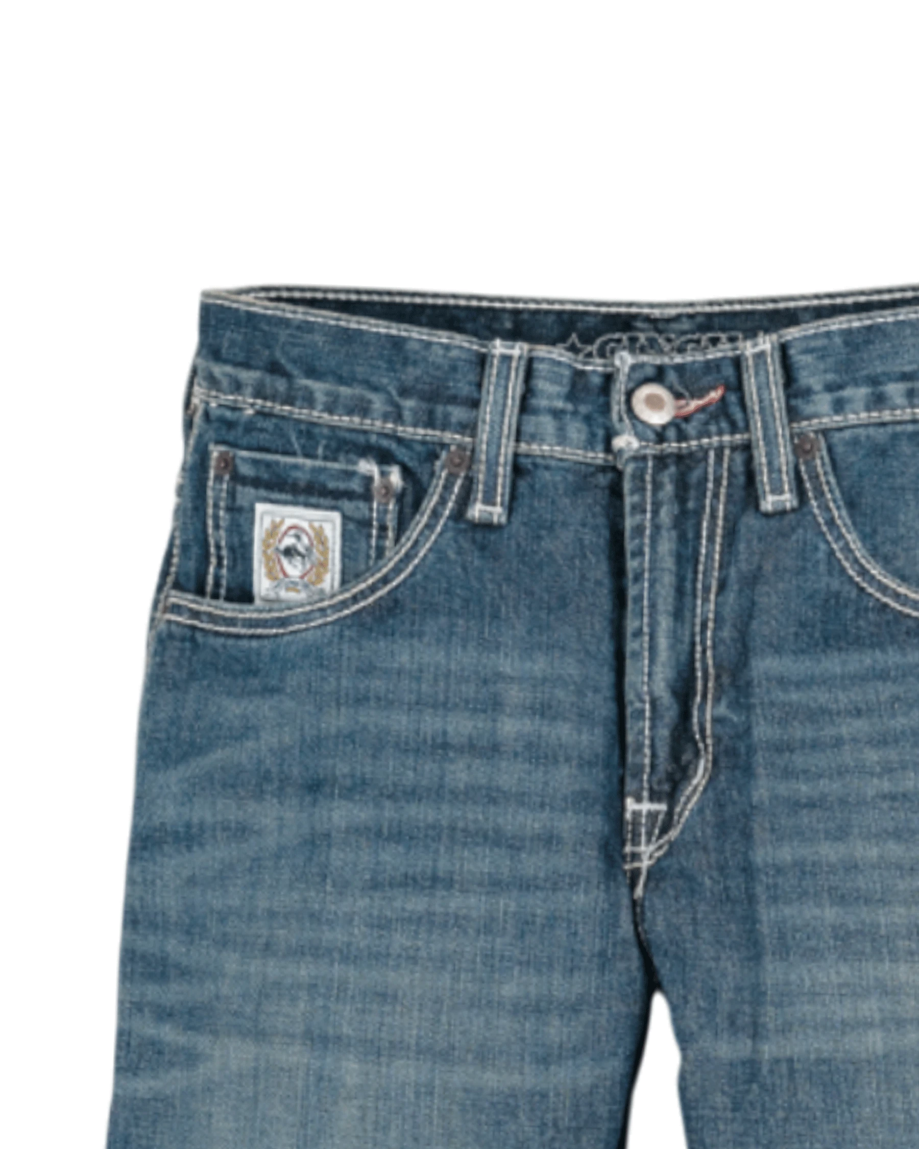 Close-up of blue jeans with a brand logo on a white background