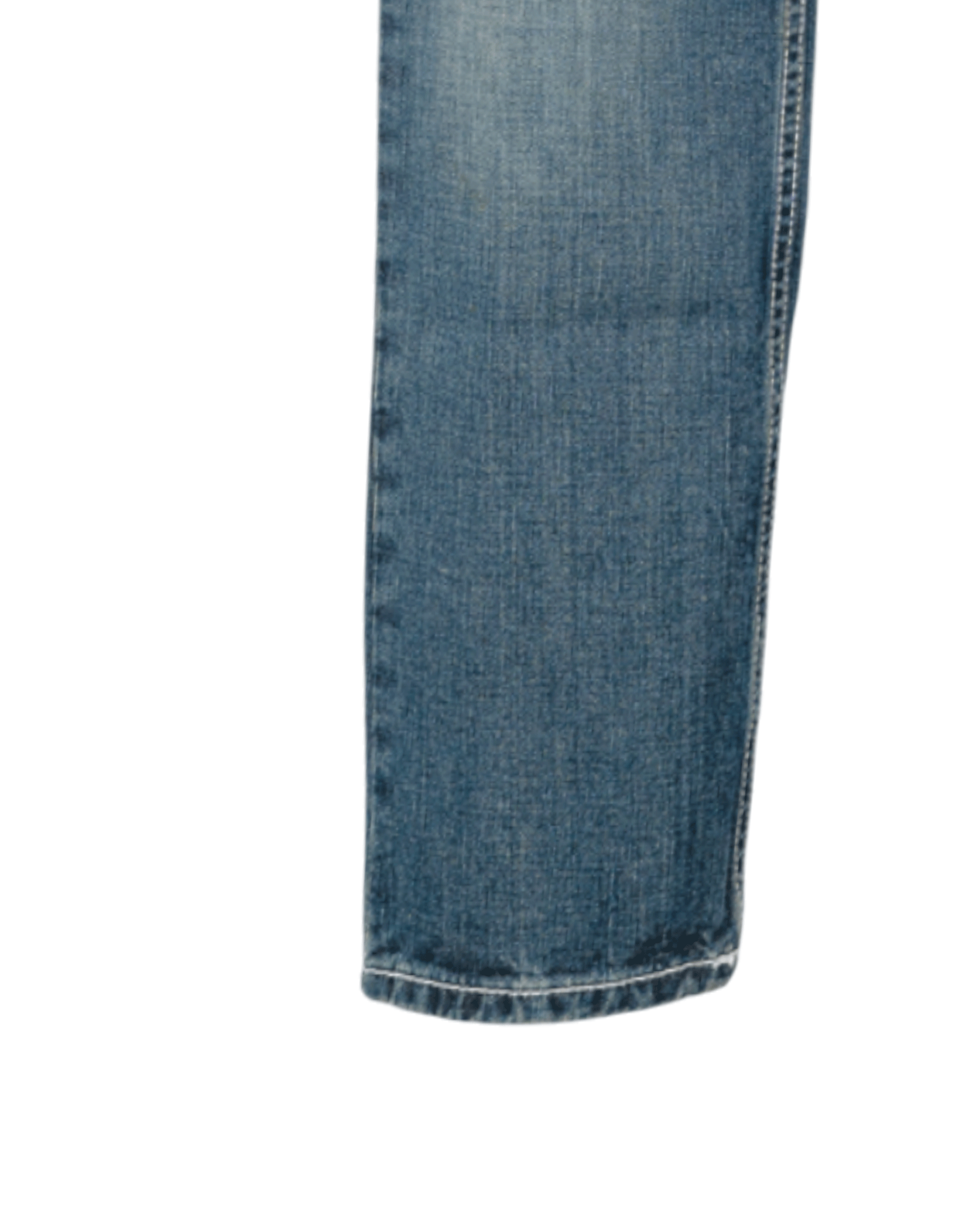Close-up of blue denim jeans on a white background