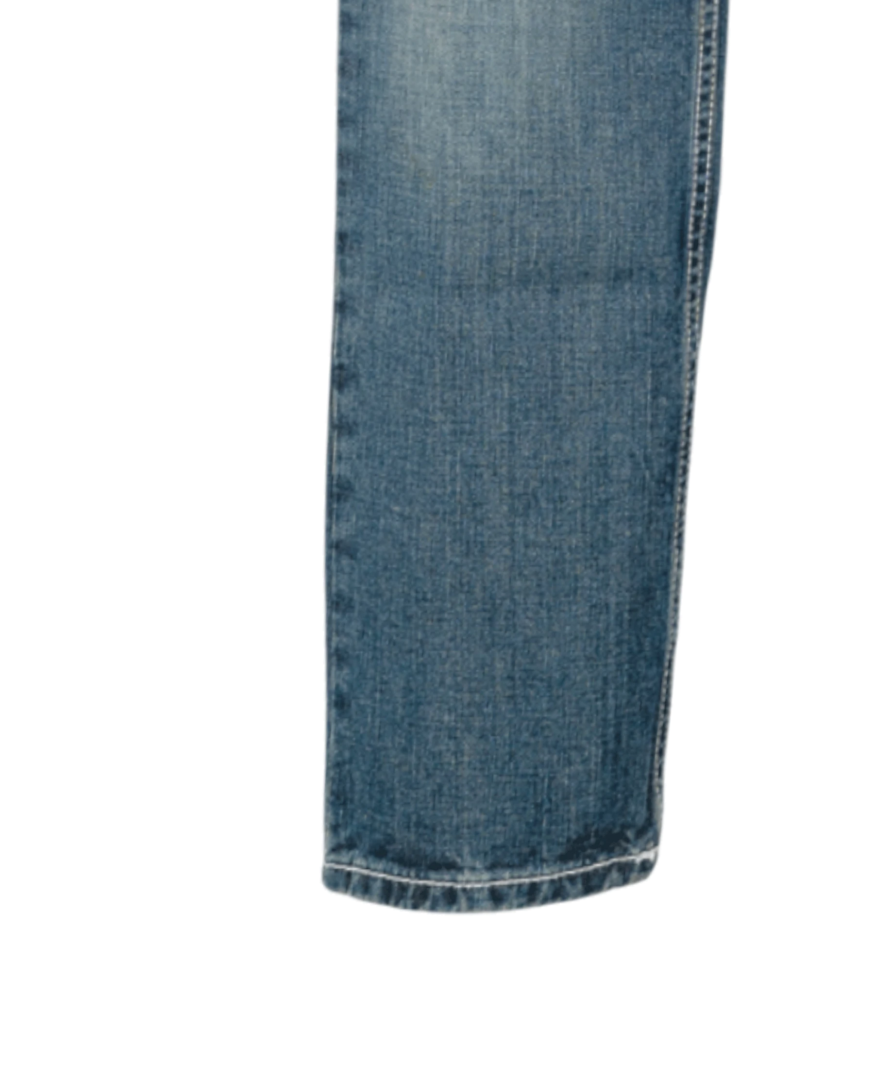 Close-up of blue denim jeans on a white background