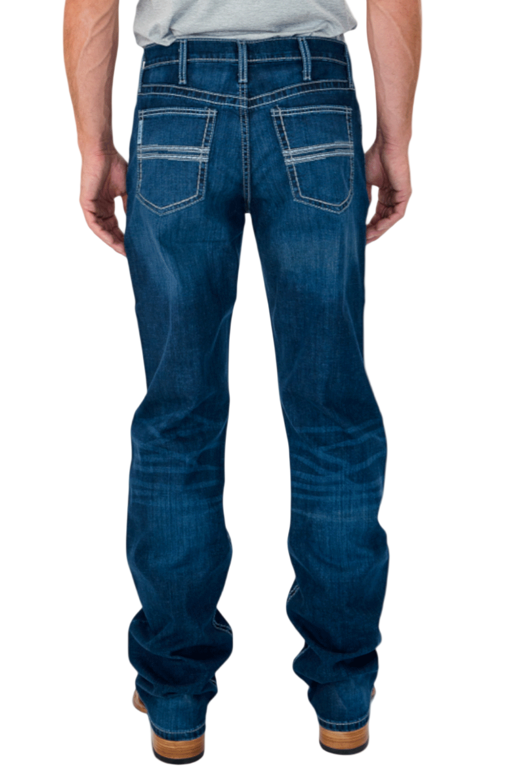 Person wearing blue jeans on a white background
