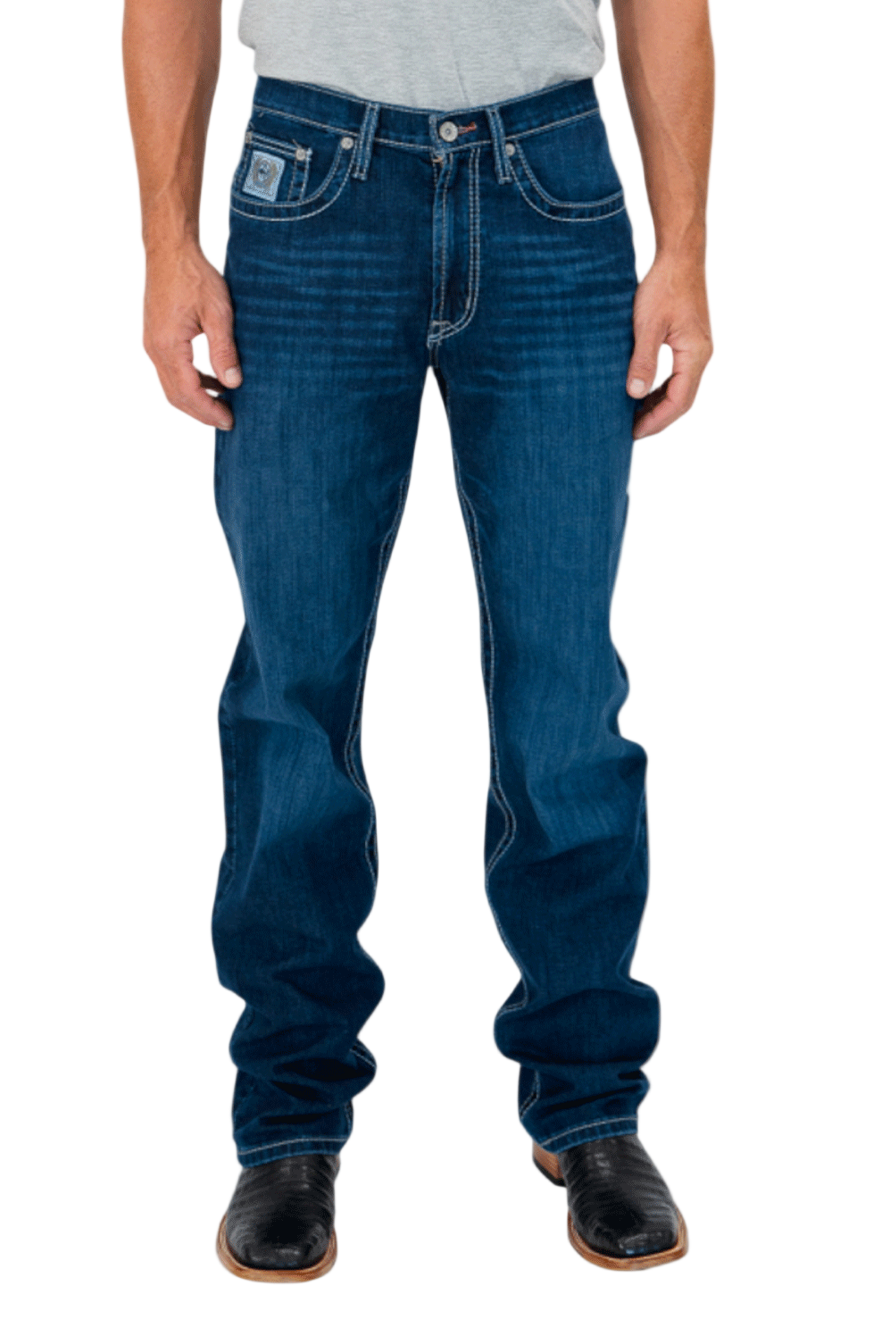 Person wearing blue jeans on a white background