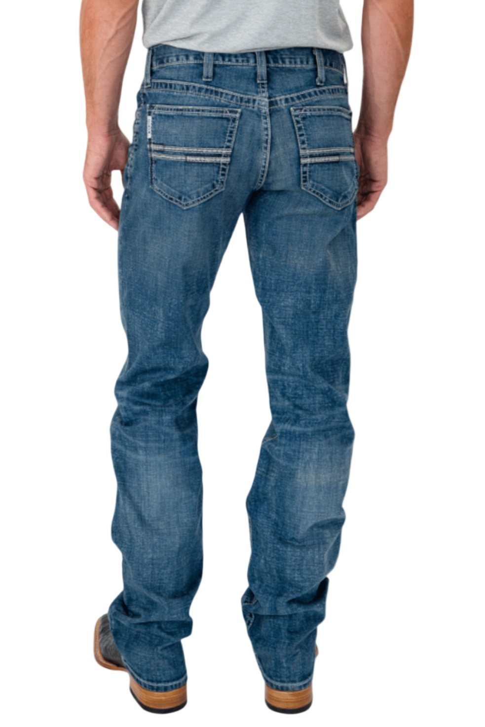 Person wearing blue jeans on a white background