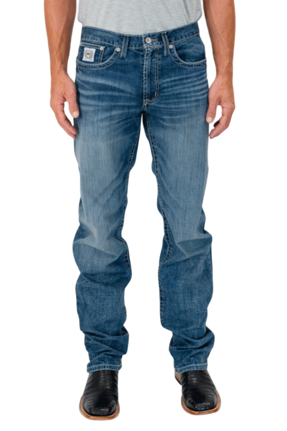Person wearing blue jeans on a white background