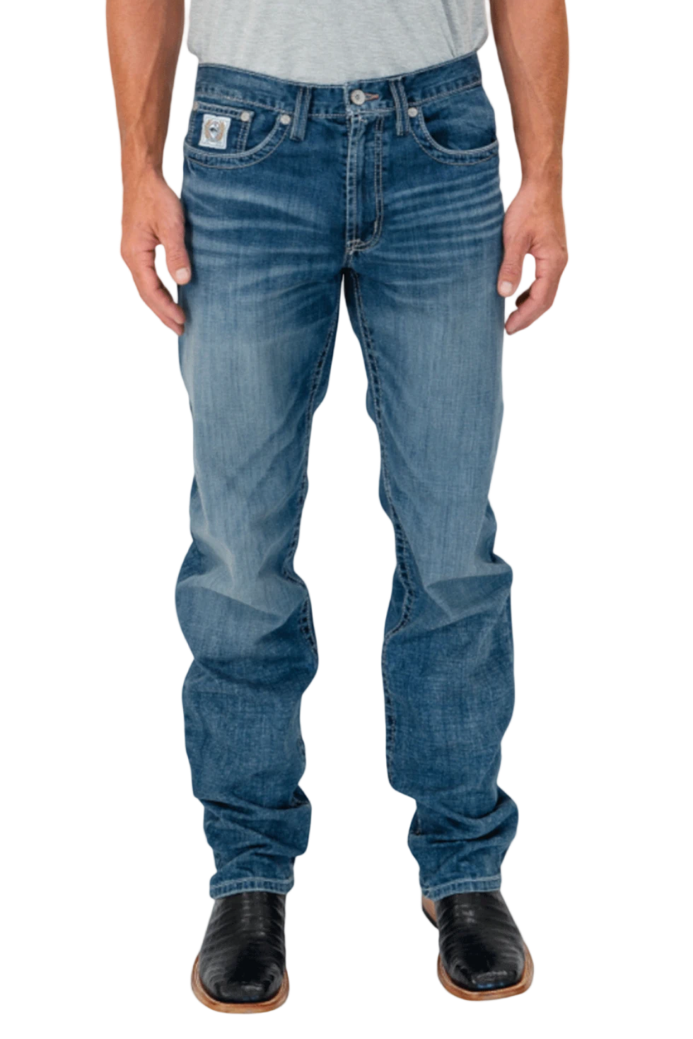 Person wearing blue jeans on a white background