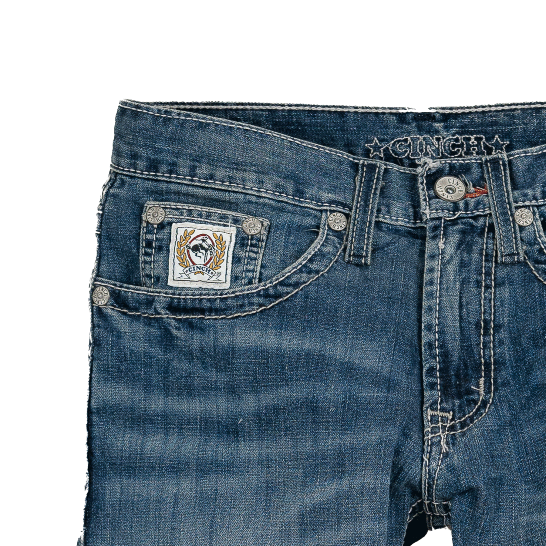 Close-up of blue jeans with a brand logo on the pocket against a white background