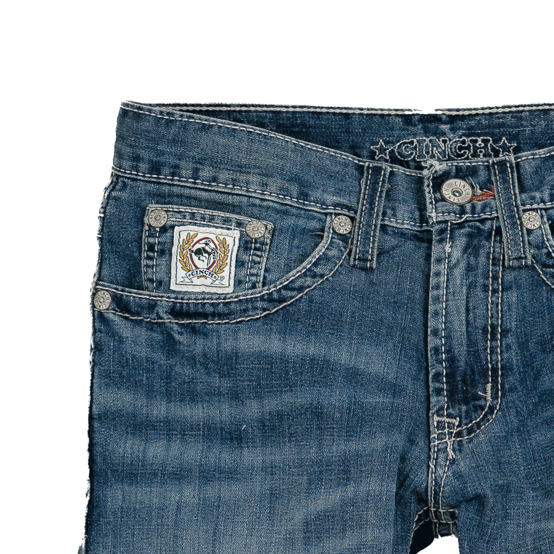 Close-up of blue jeans with a brand logo on the pocket against a white background