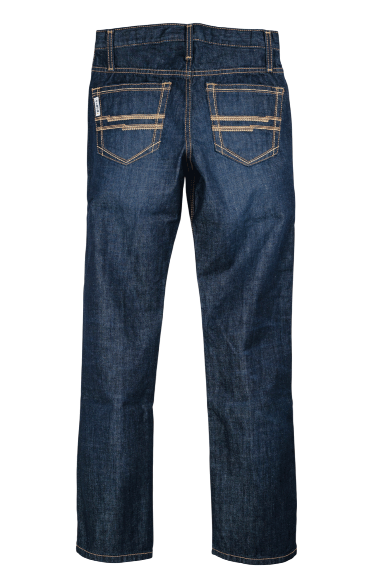 Back view of a pair of blue jeans on a white background