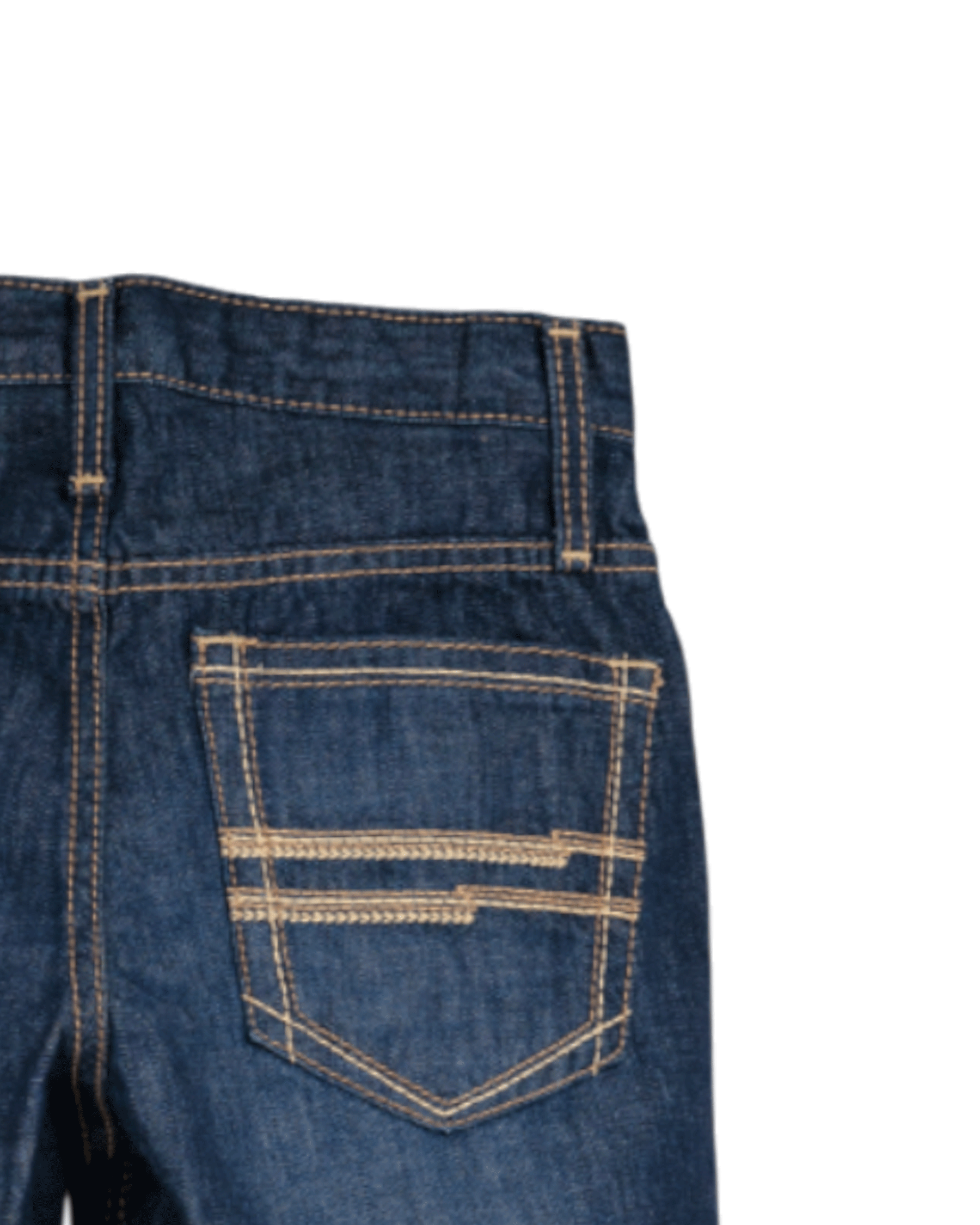Close-up of blue denim jeans with a pocket on a white background