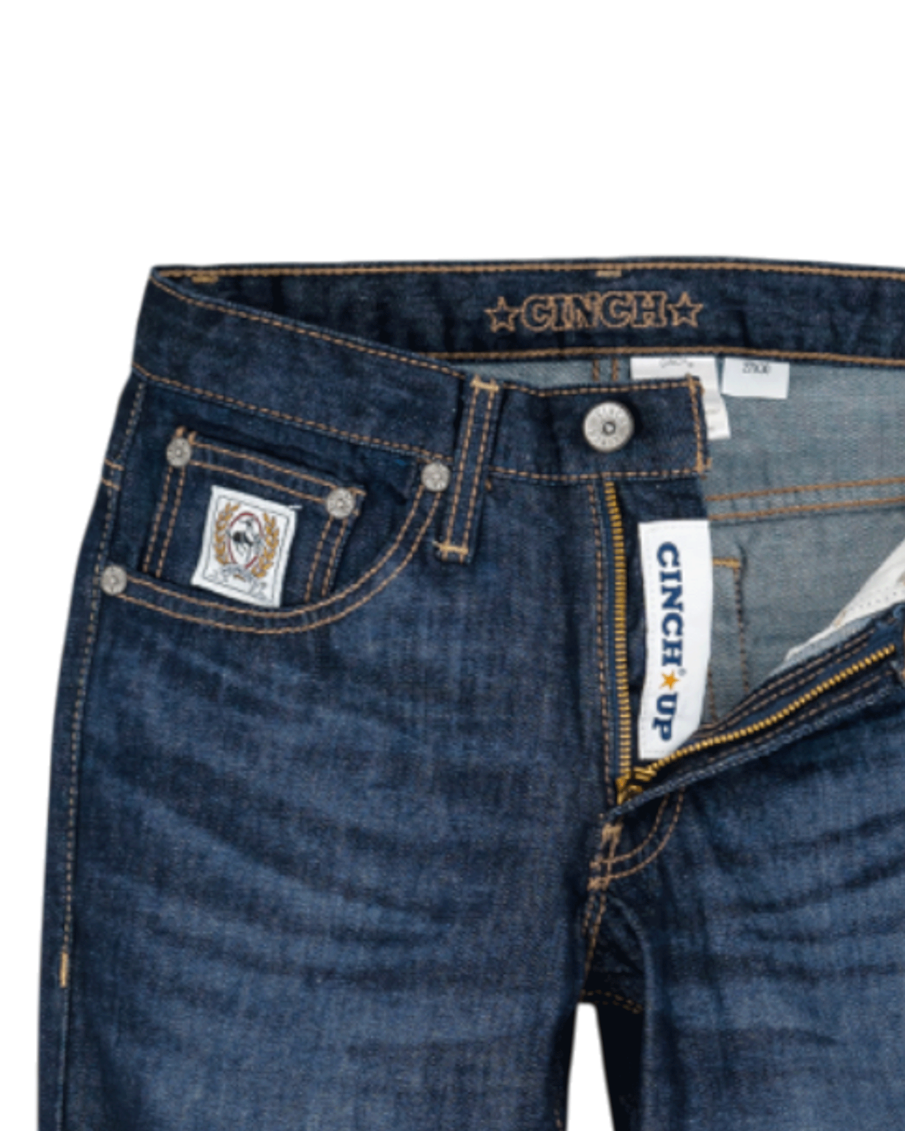 Close-up of blue jeans with Cinch Up branding on a white background