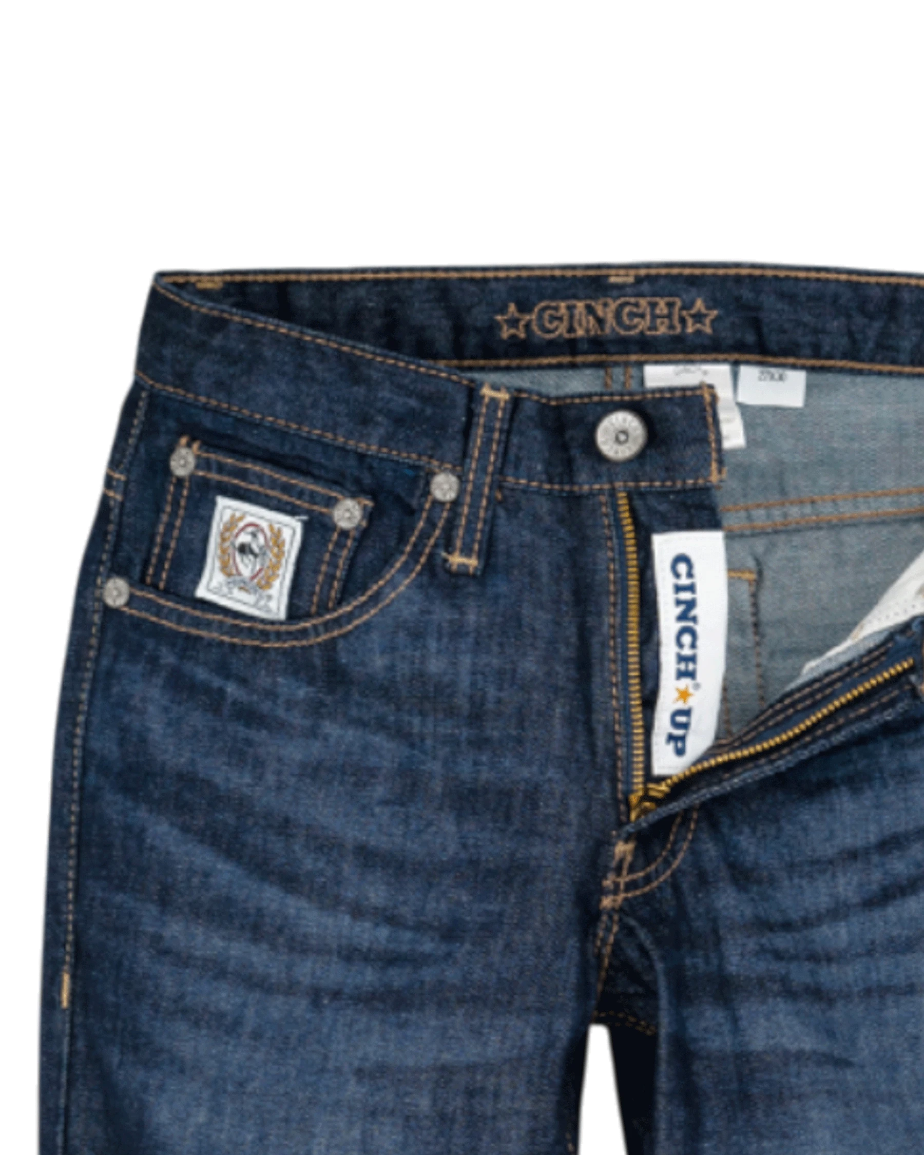 Close-up of blue jeans with Cinch Up branding on a white background