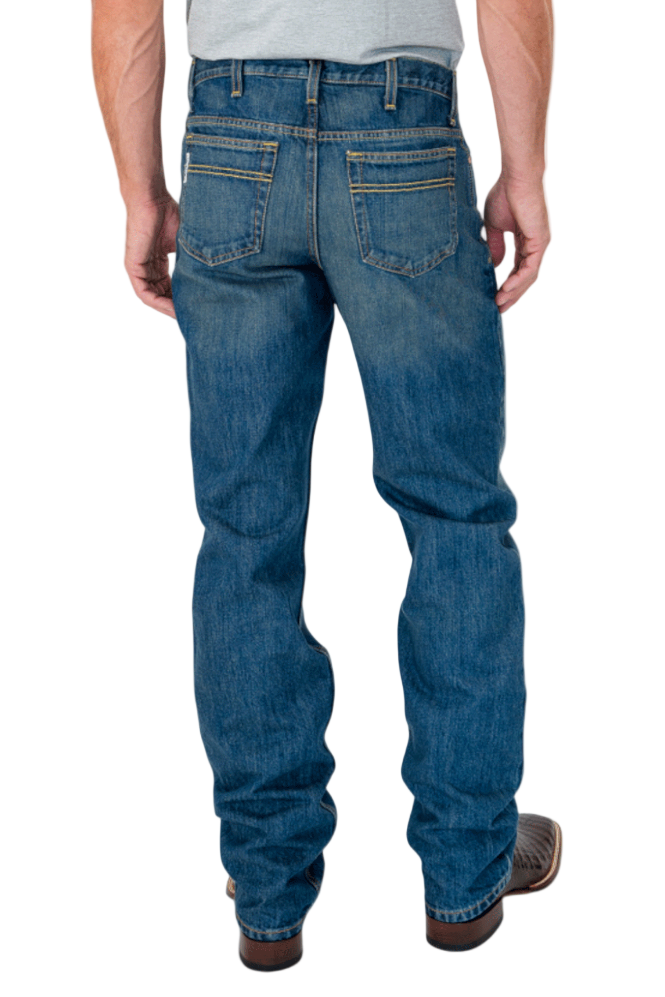 Person wearing blue jeans on a white background