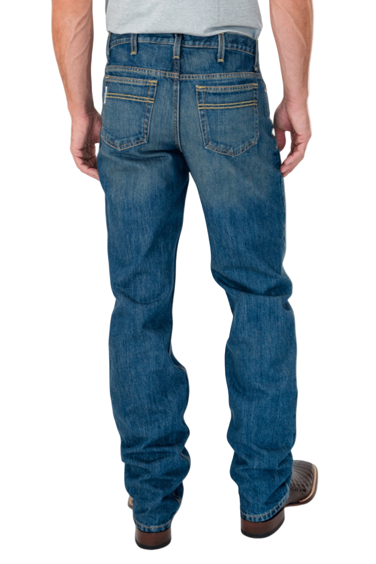 Person wearing blue jeans on a white background