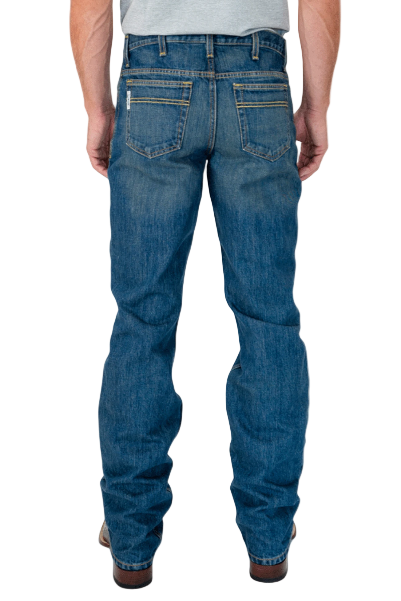 Blue jeans worn by a person on a white background