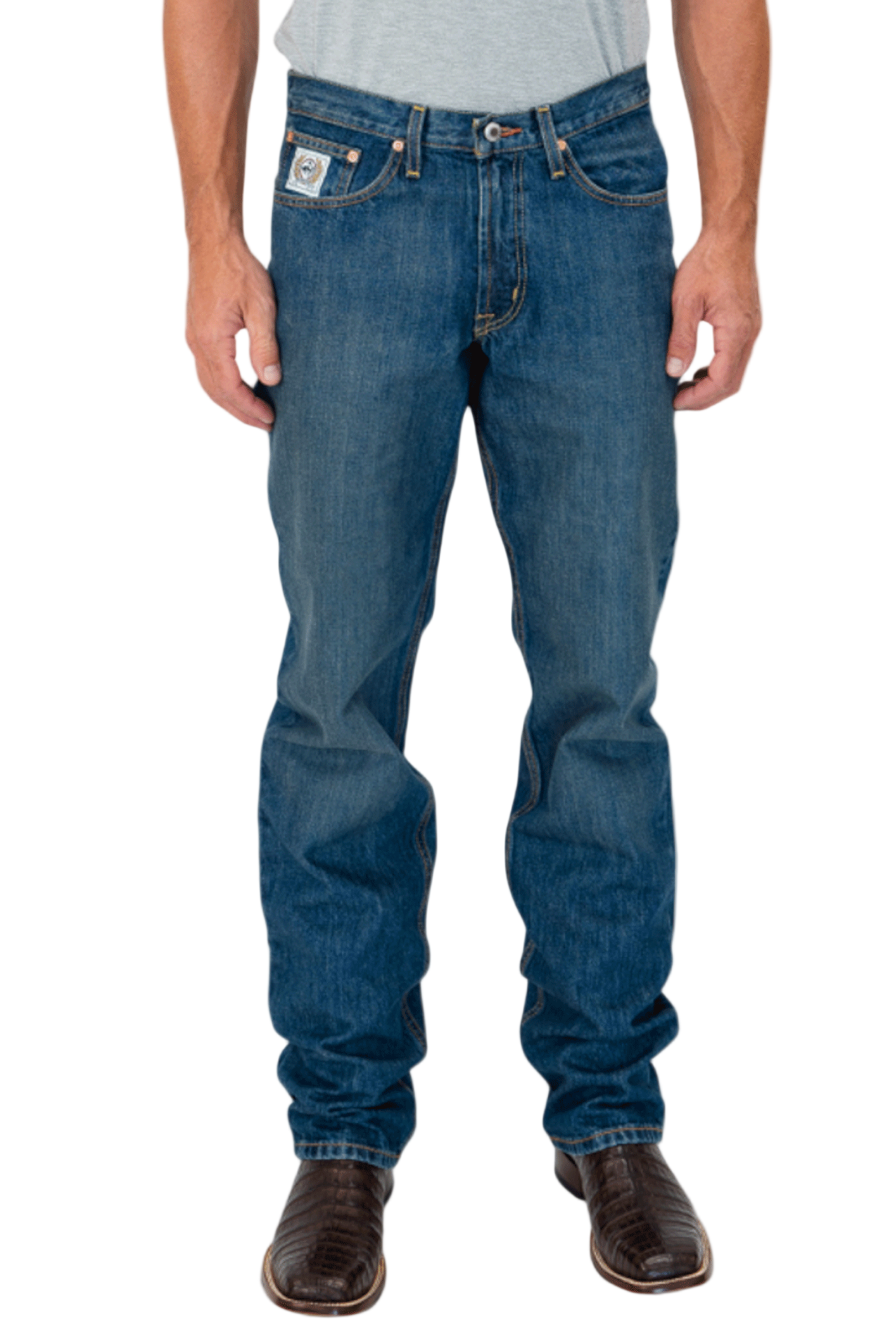 Person wearing blue jeans on a white background