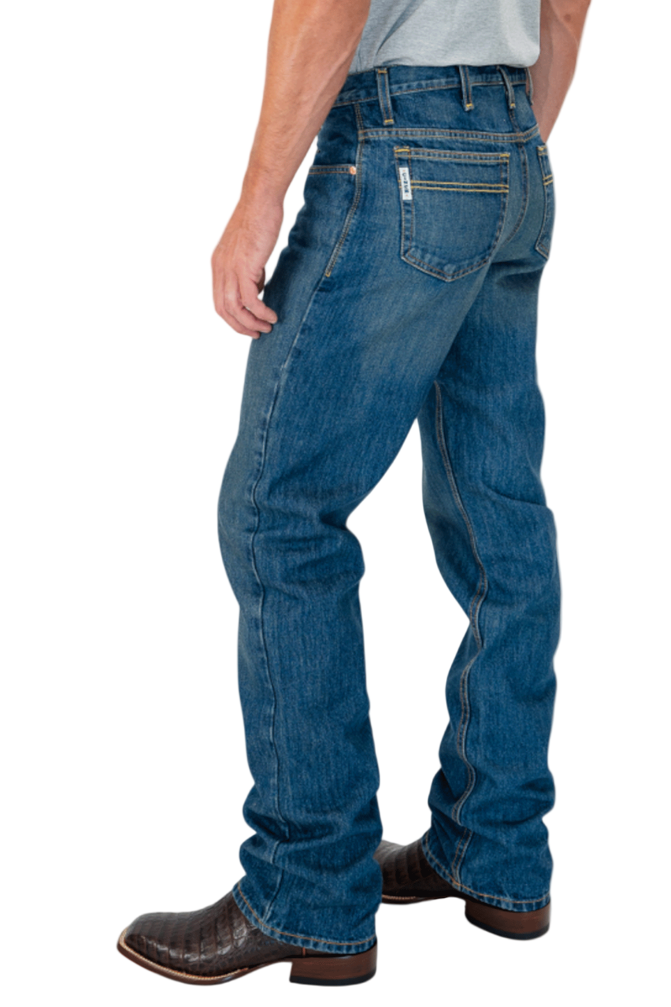 Person wearing blue jeans on a white background