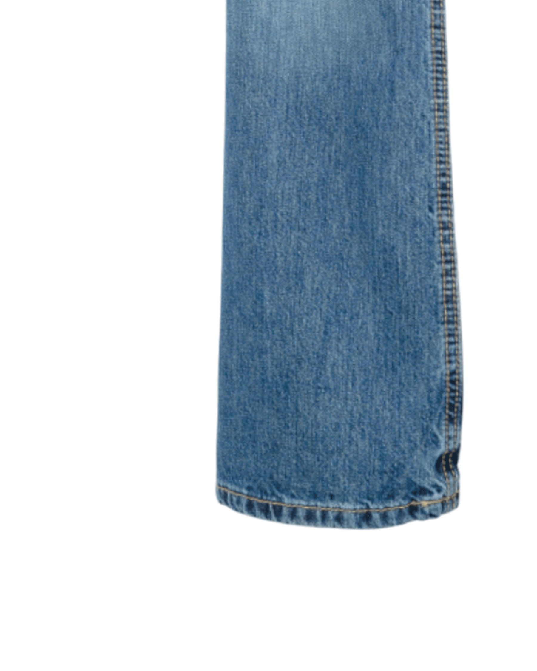 Close-up view of the bottom right leg of a pair of blue jeans