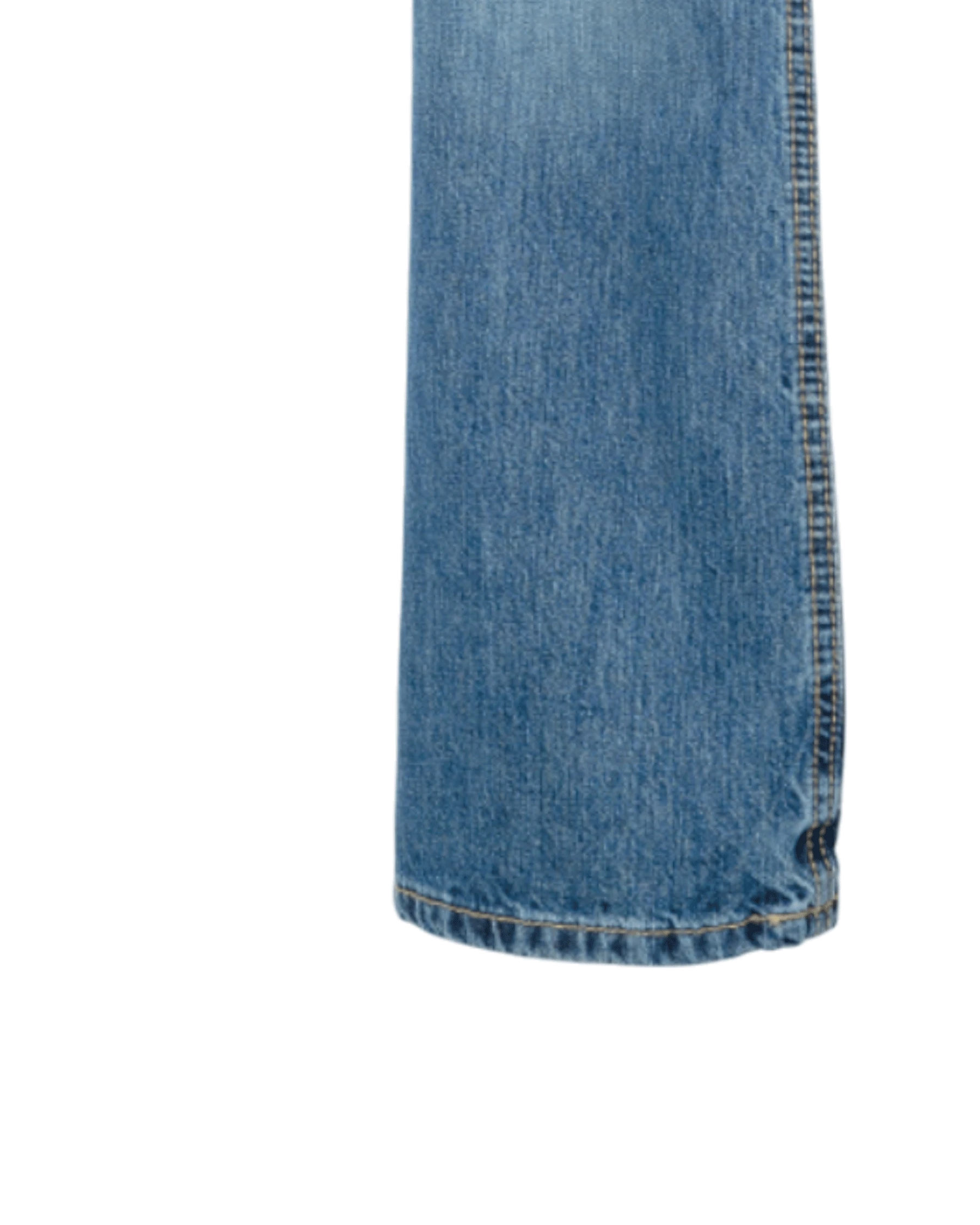 Close-up view of the bottom right leg of a pair of blue jeans