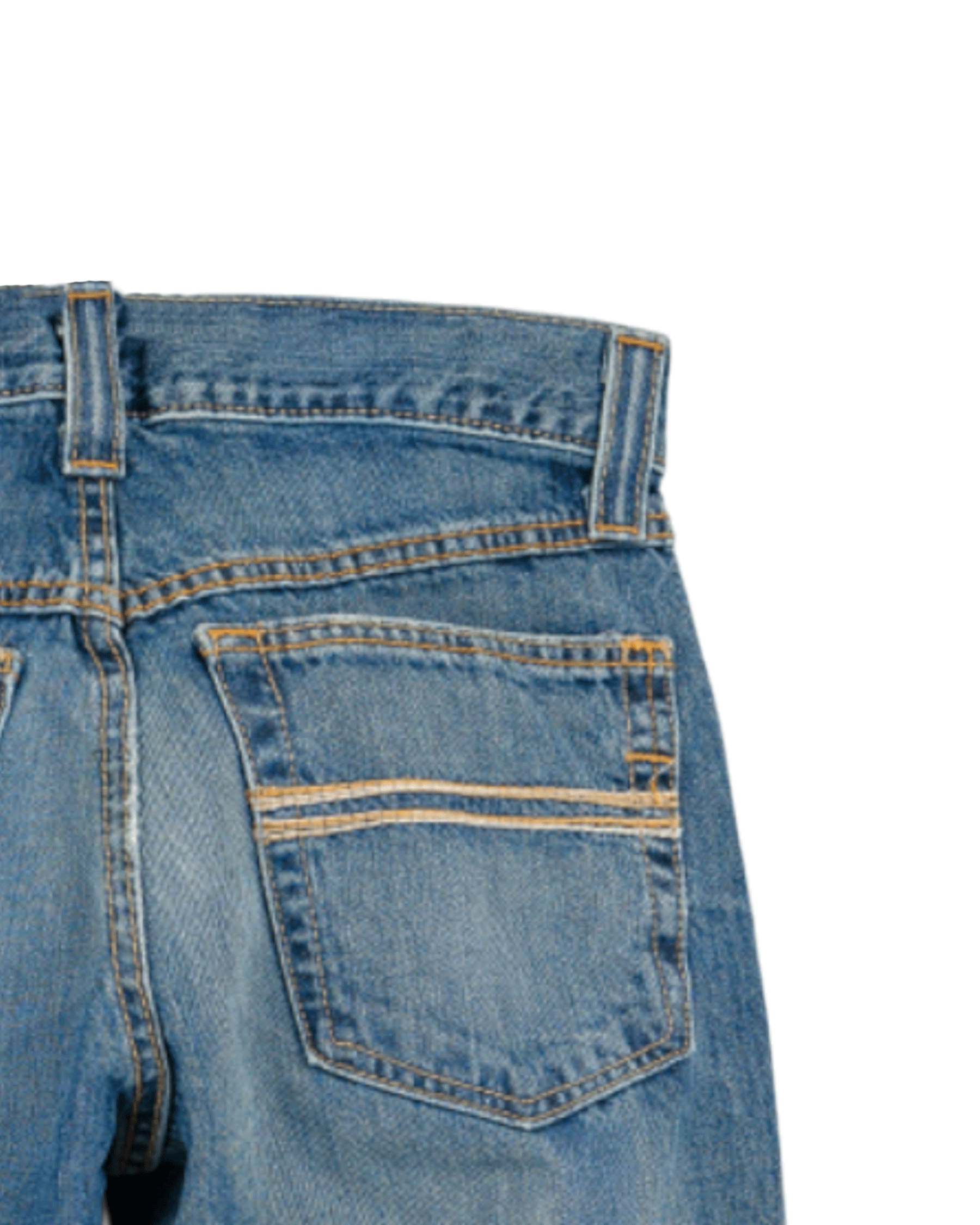 Close-up, back view of a pair of blue jeans with horizontal stitching on the pockets