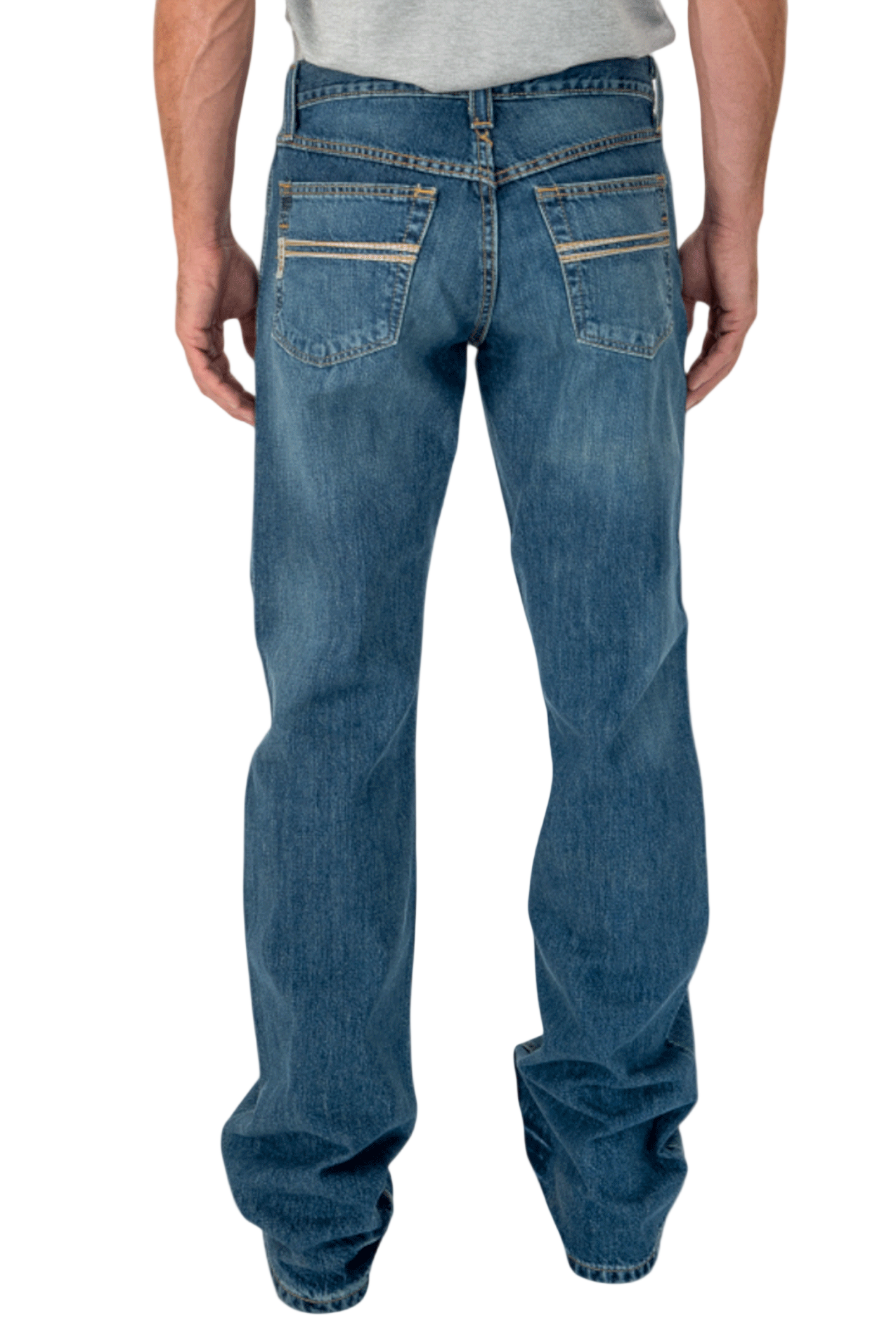 Blue jeans worn by a person on a white background