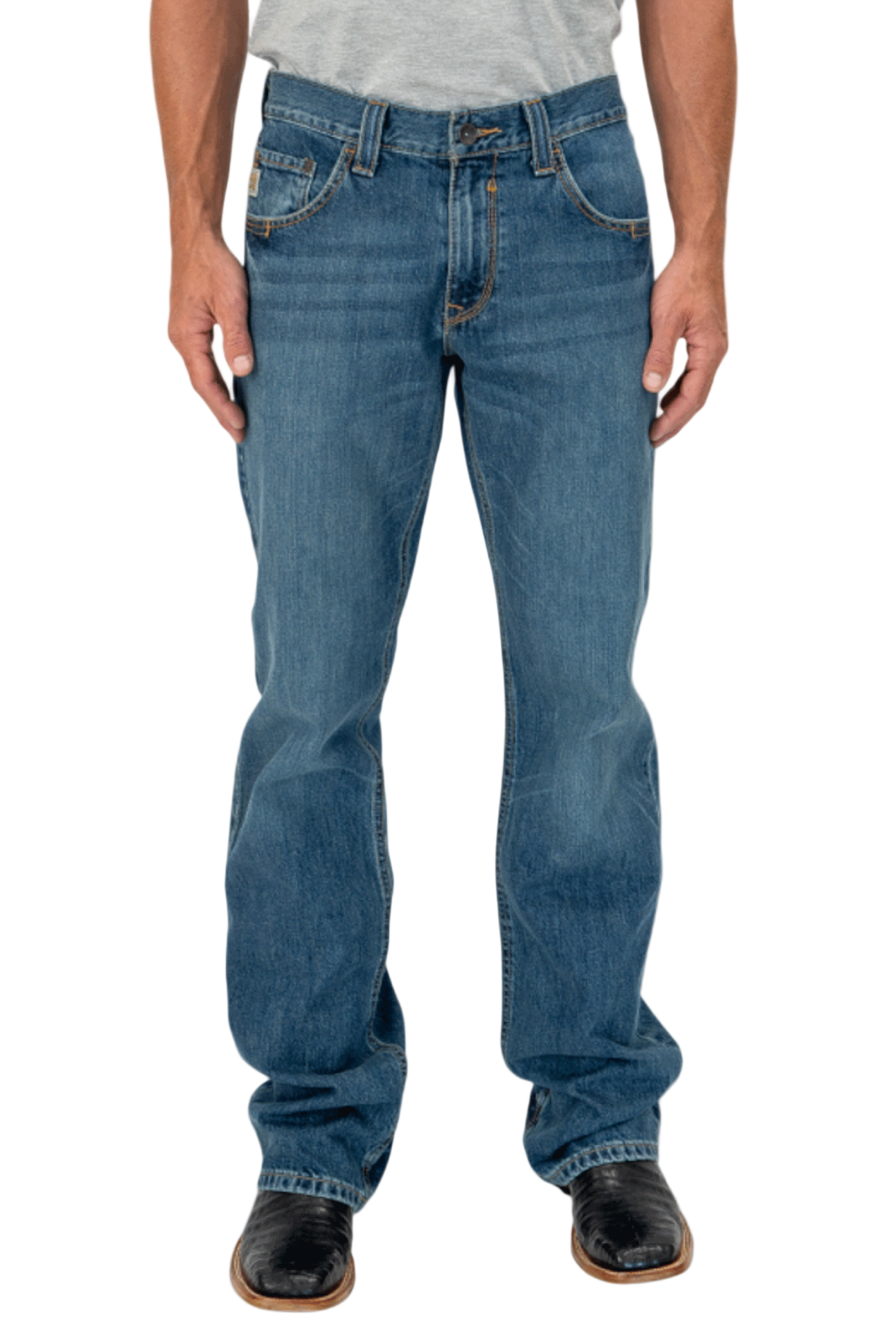 Person wearing blue jeans on a white background