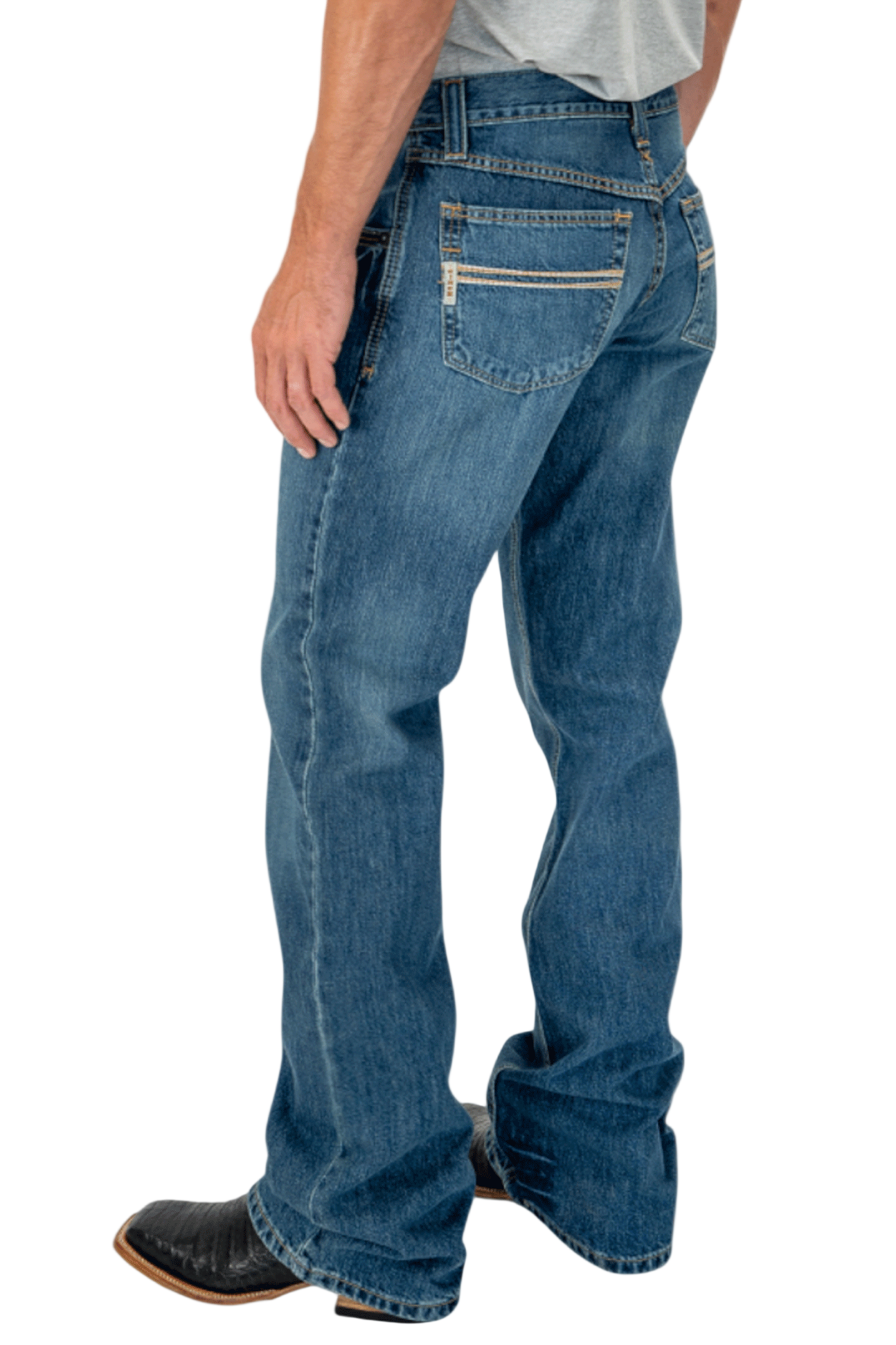 Person wearing blue jeans on a white background