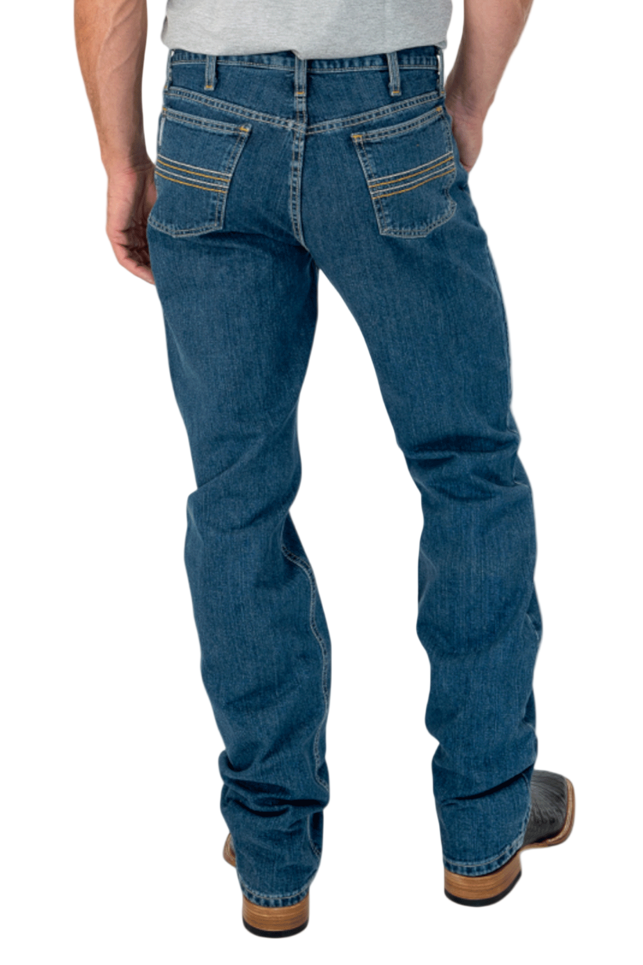 Person wearing blue jeans on a white background