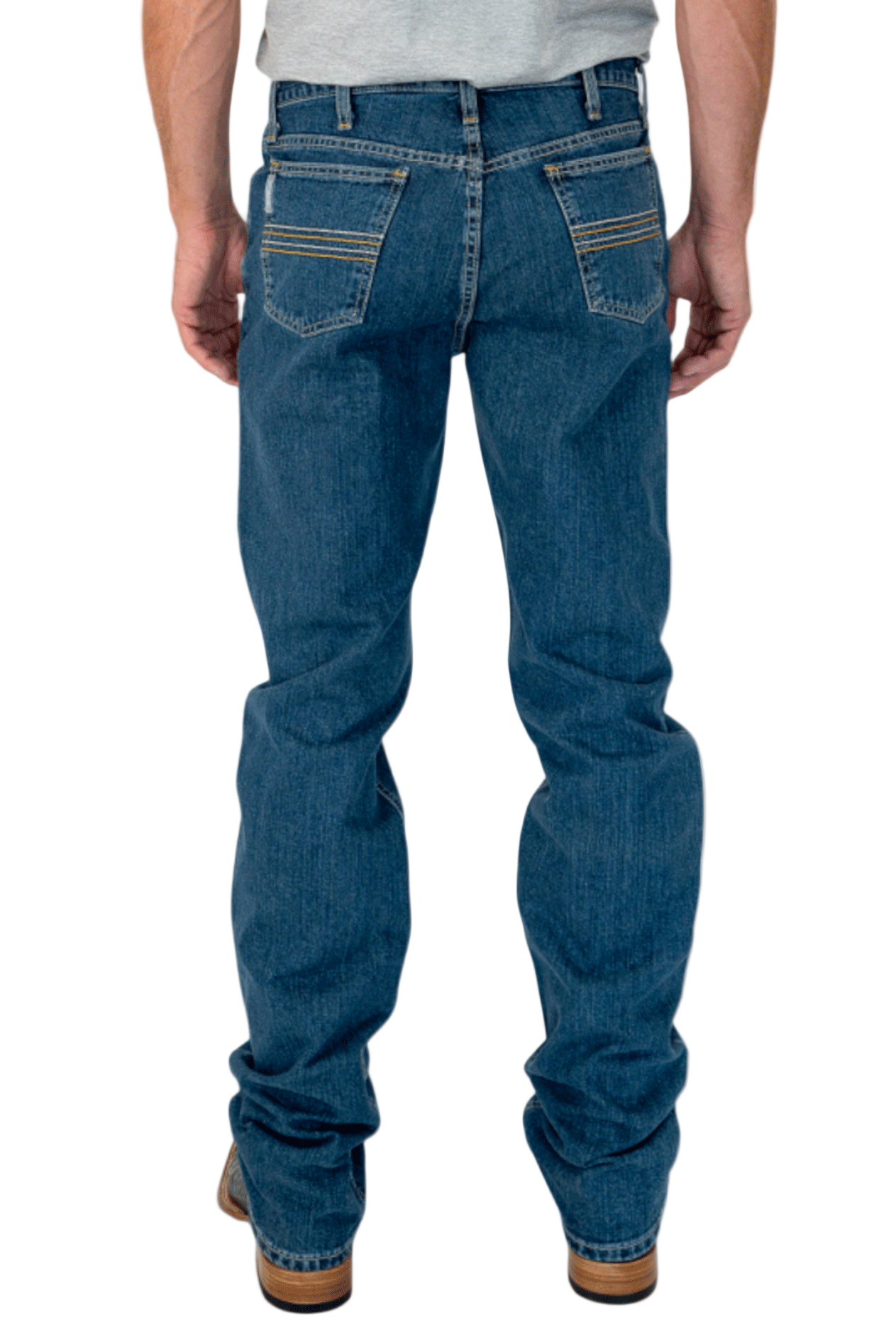 Person wearing blue jeans on a white background