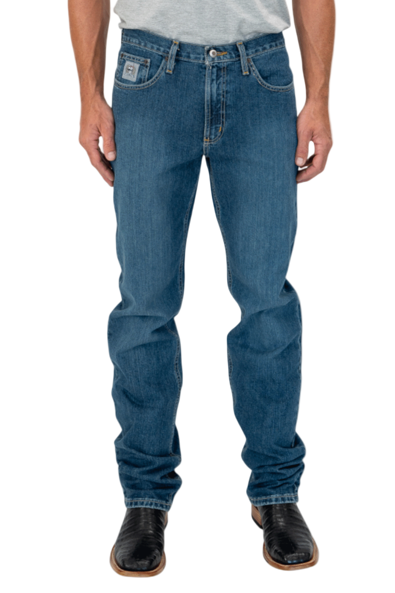 Person wearing blue jeans on a white background