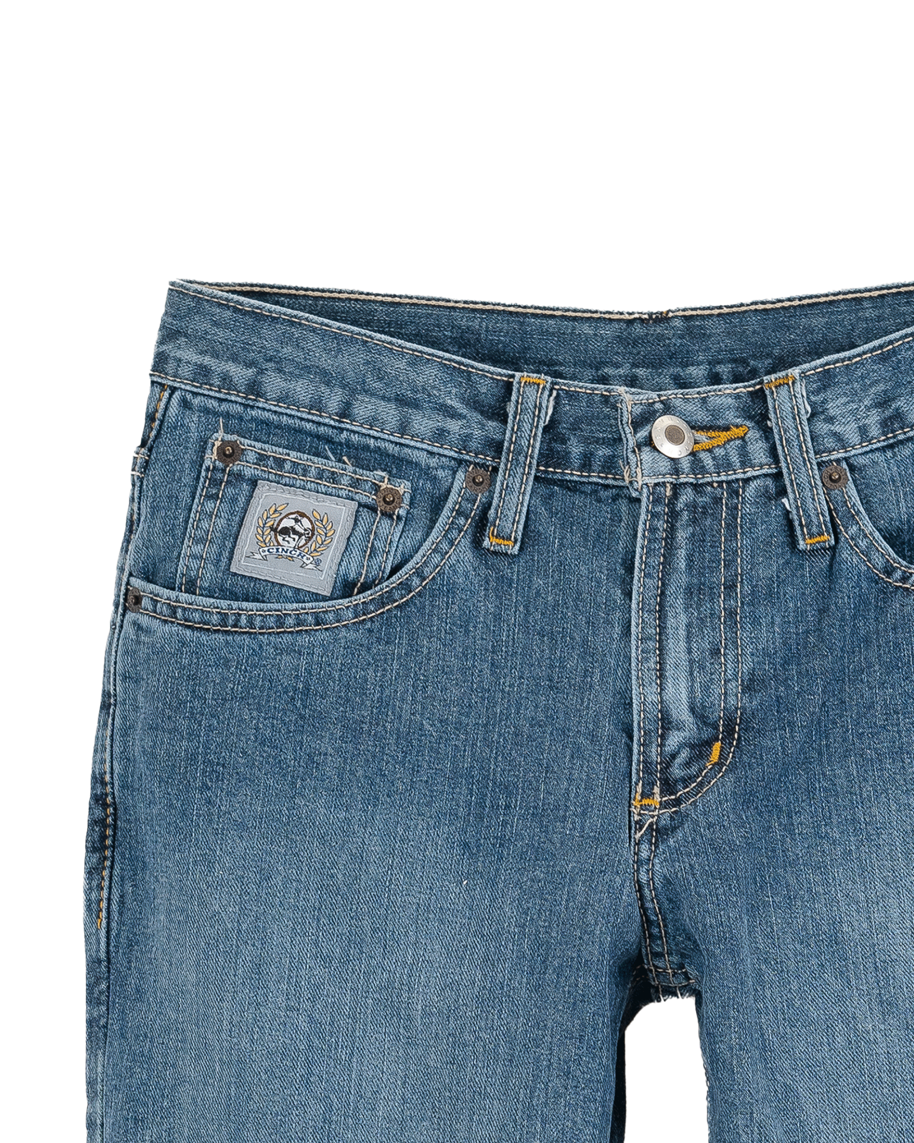 Close-up of a blue denim jeans with a brand logo on a white background