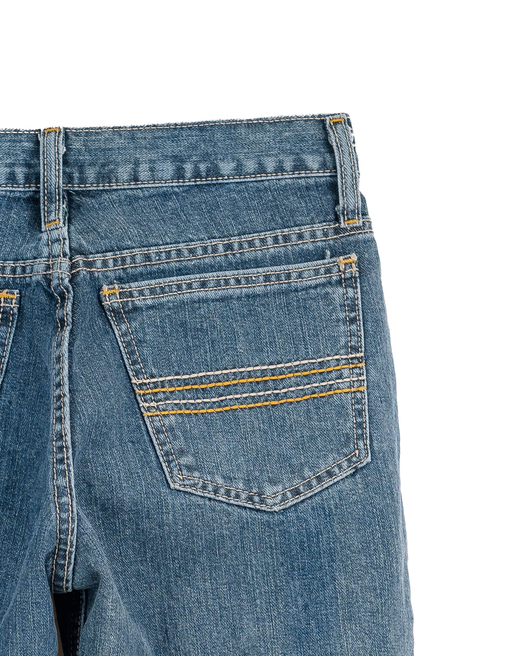 Close-up of blue jeans back pocket on a white background