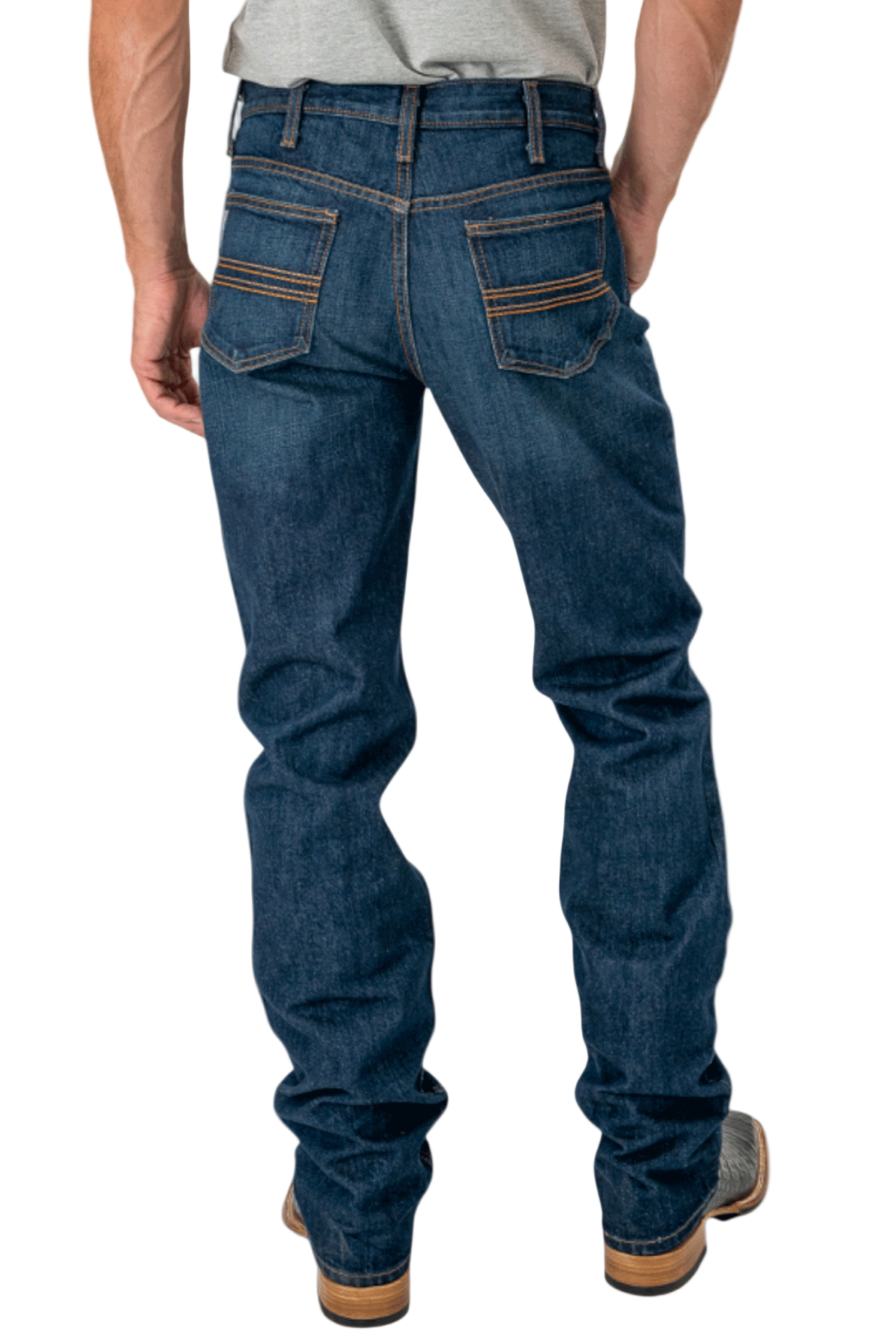 Person wearing blue jeans on a white background