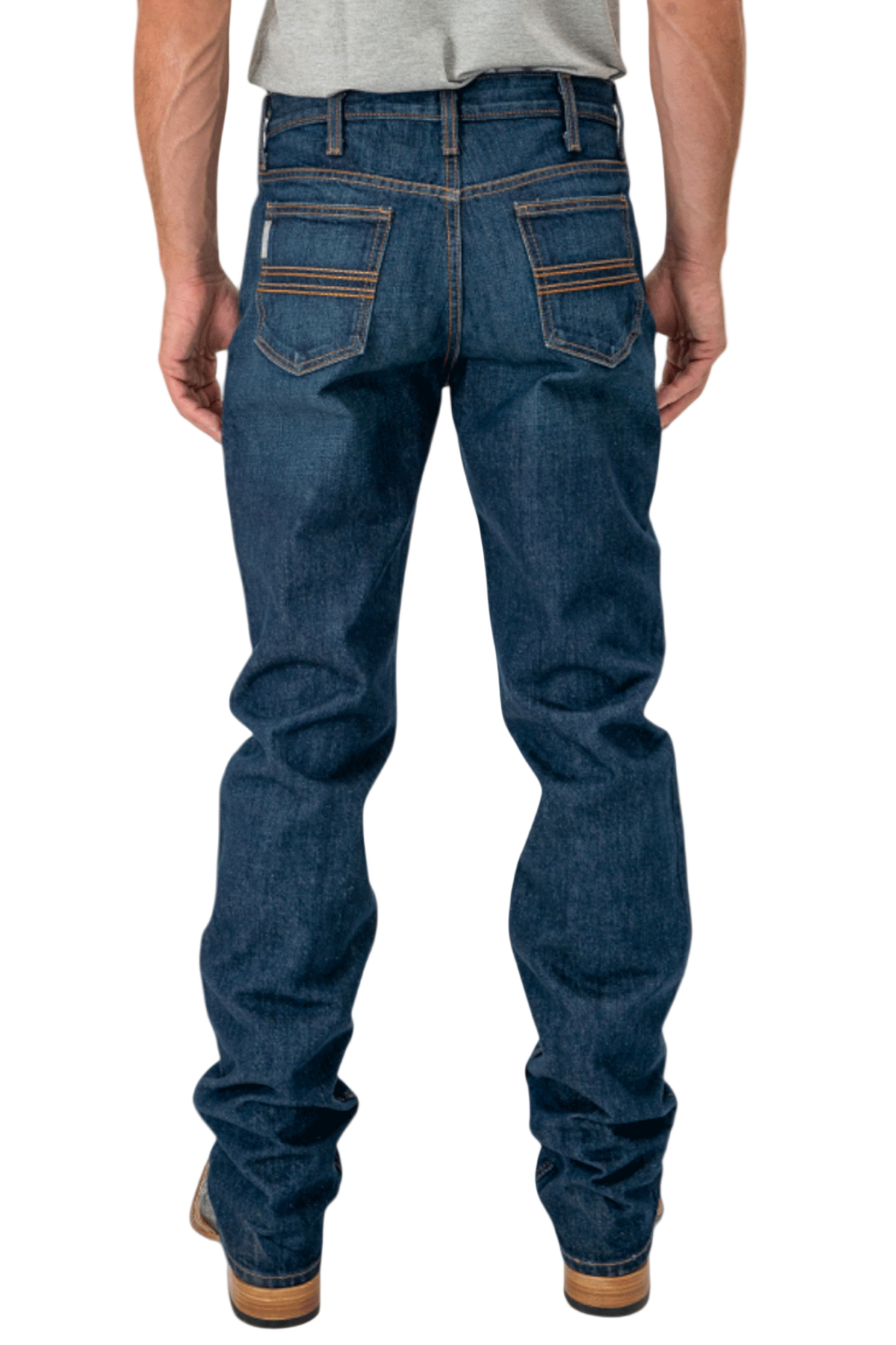 Person wearing blue jeans on a white background