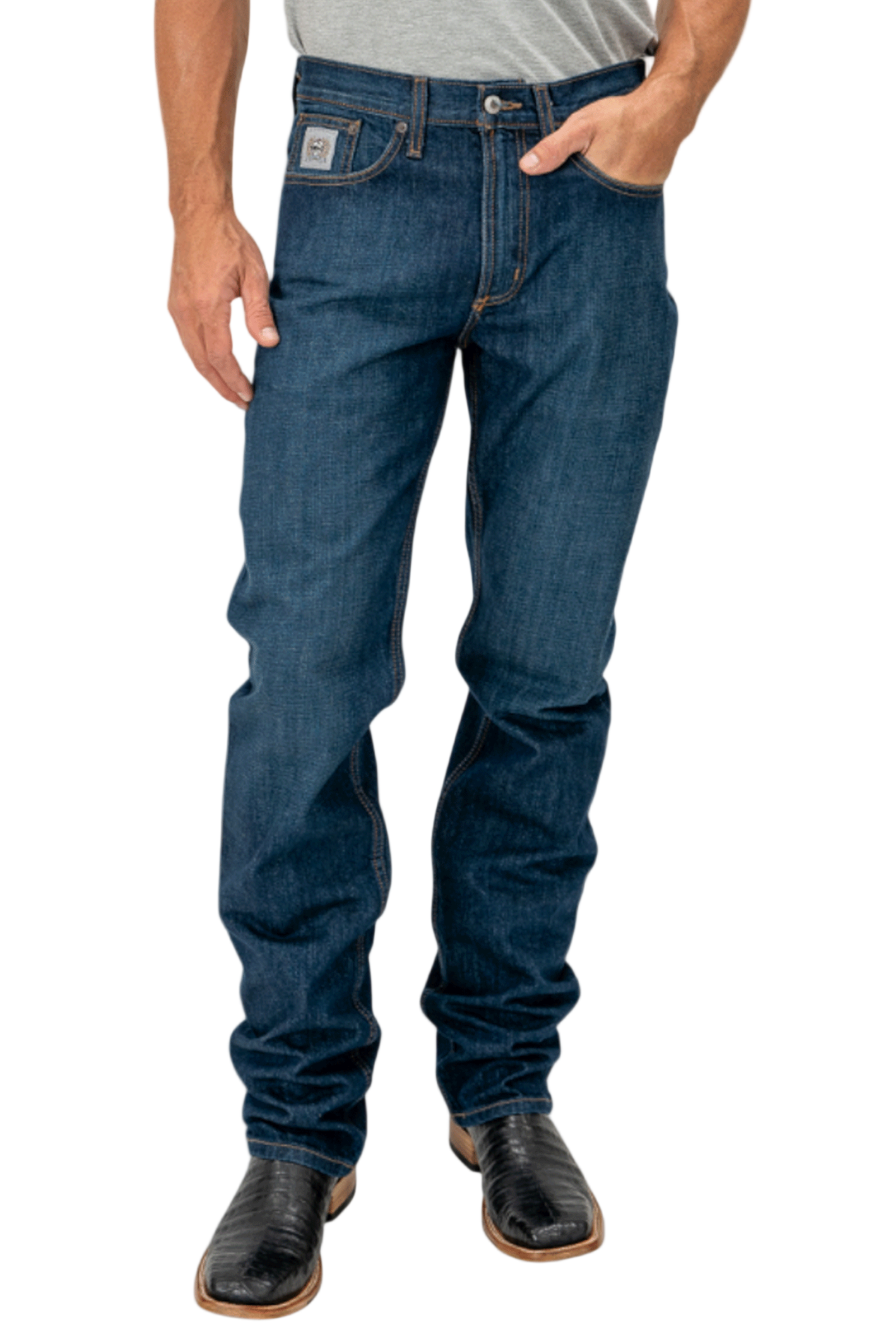 Person wearing blue jeans on a white background