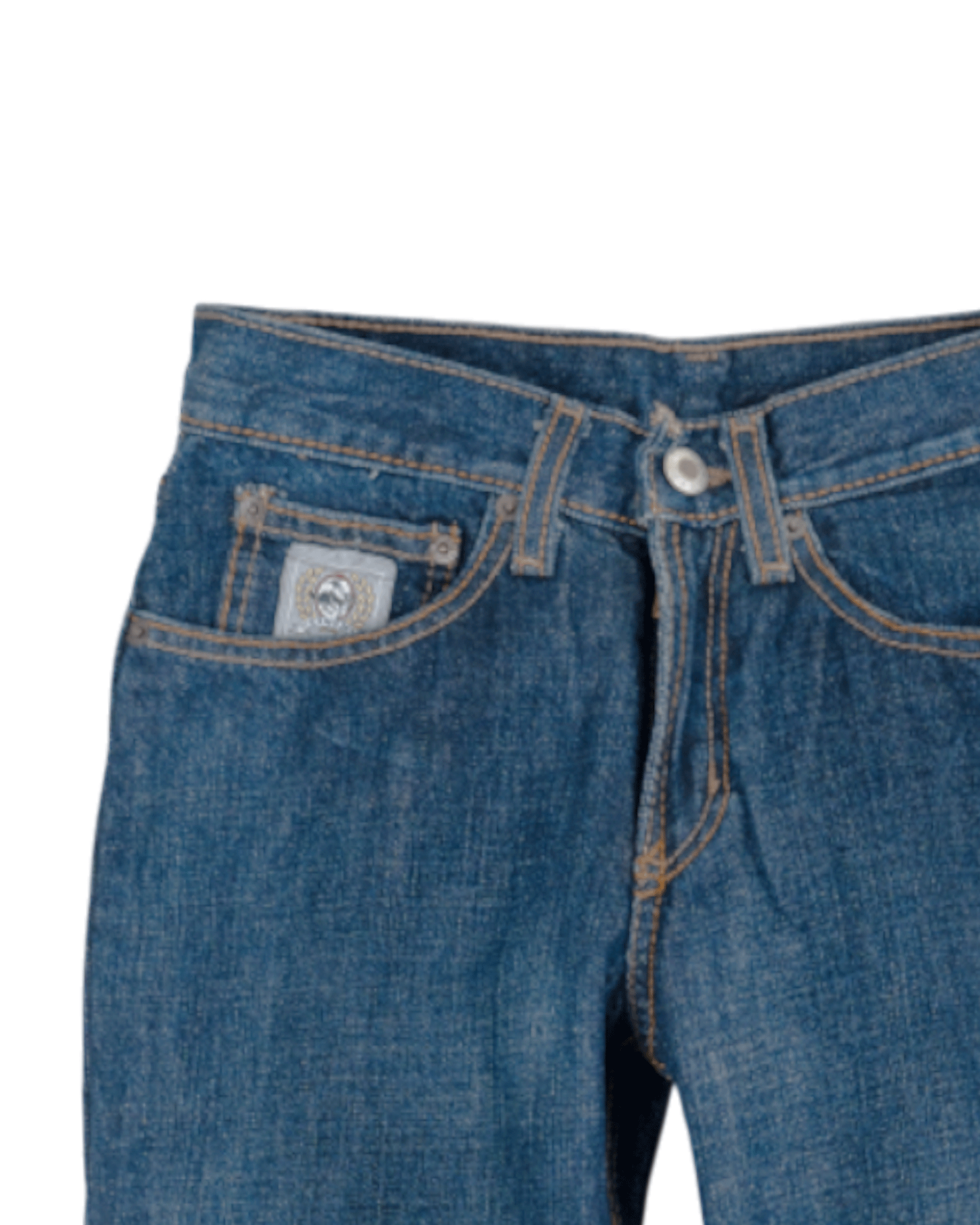 Close-up of blue jeans with a button and back pocket on a white background