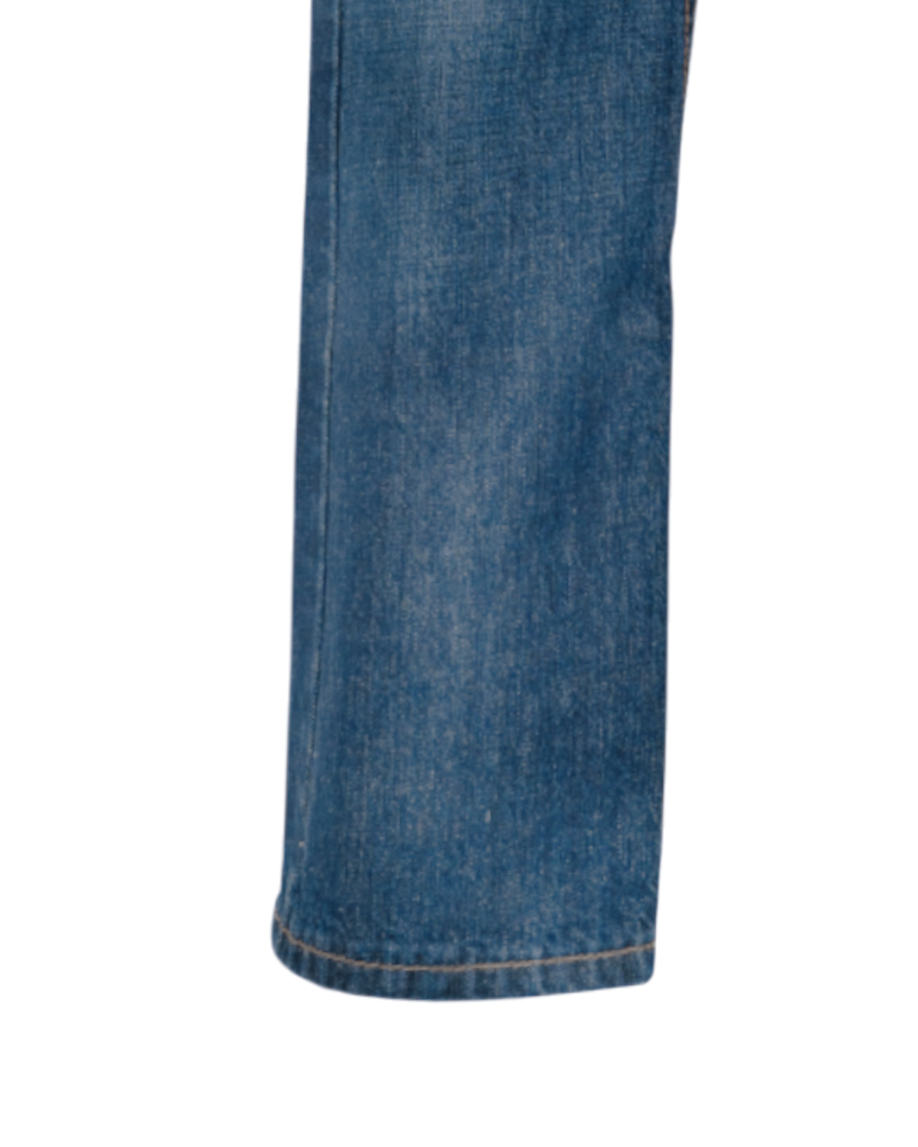 Close-up of blue denim jeans on a white background