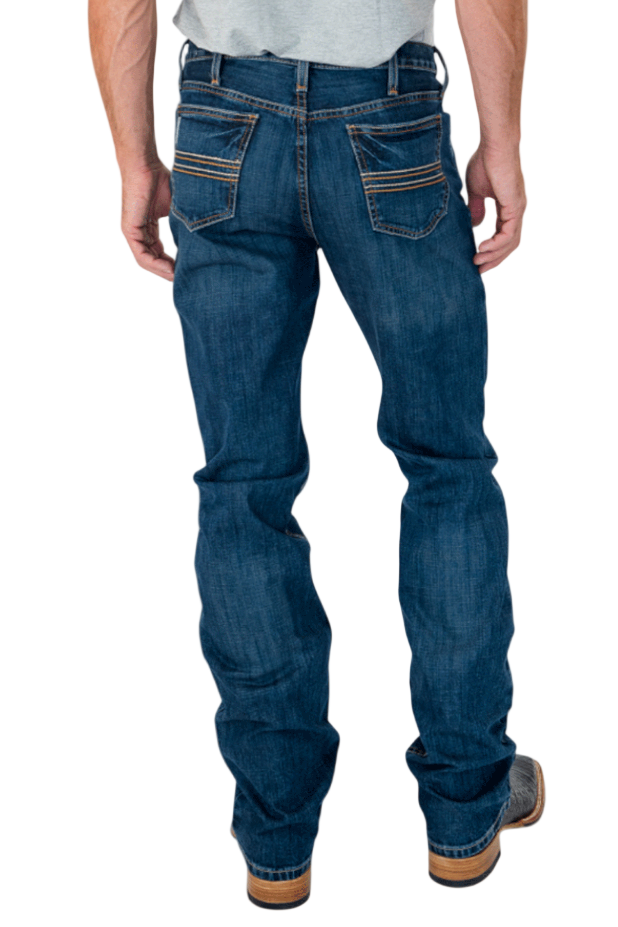 Person wearing blue jeans on a white background