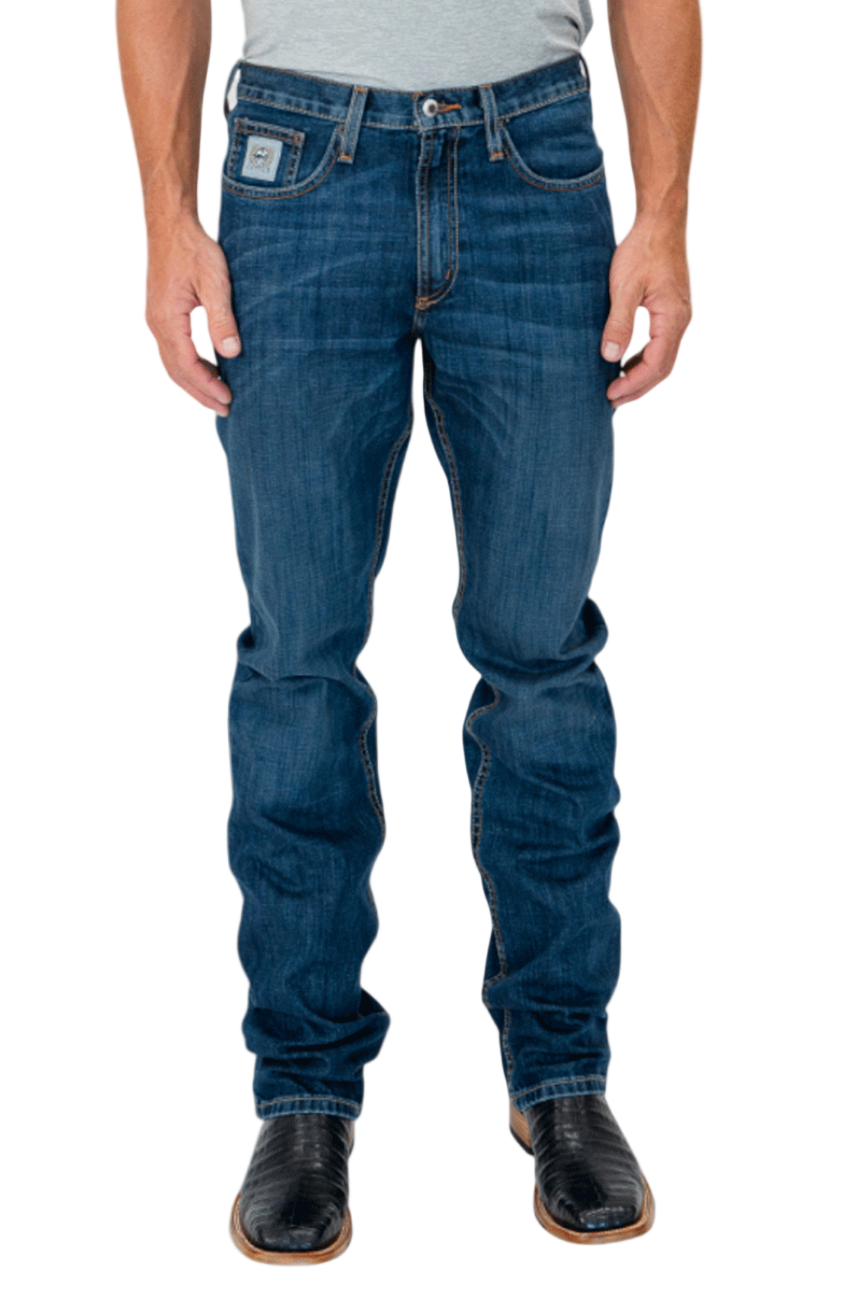 Person wearing blue jeans on a white background