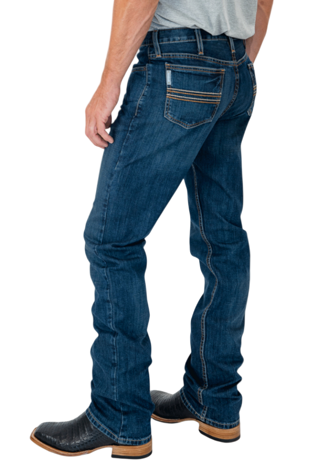 Person wearing blue jeans on a white background