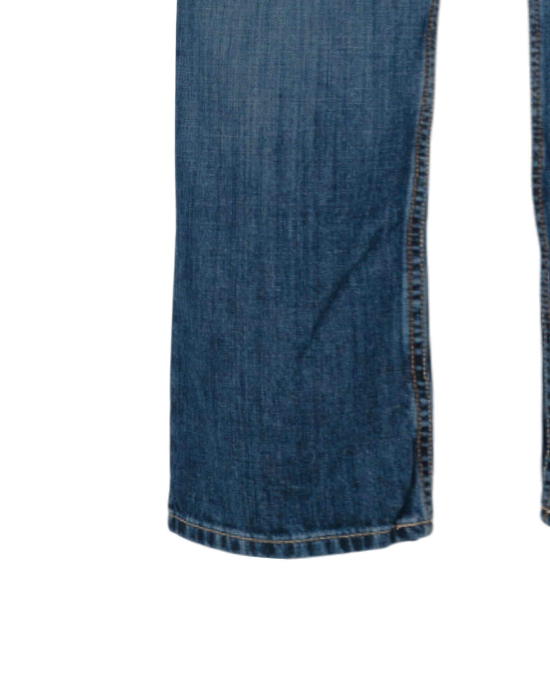 Close-up view of the bottom portion of a pair of blue jeans, specifically looking at the bottom right leg