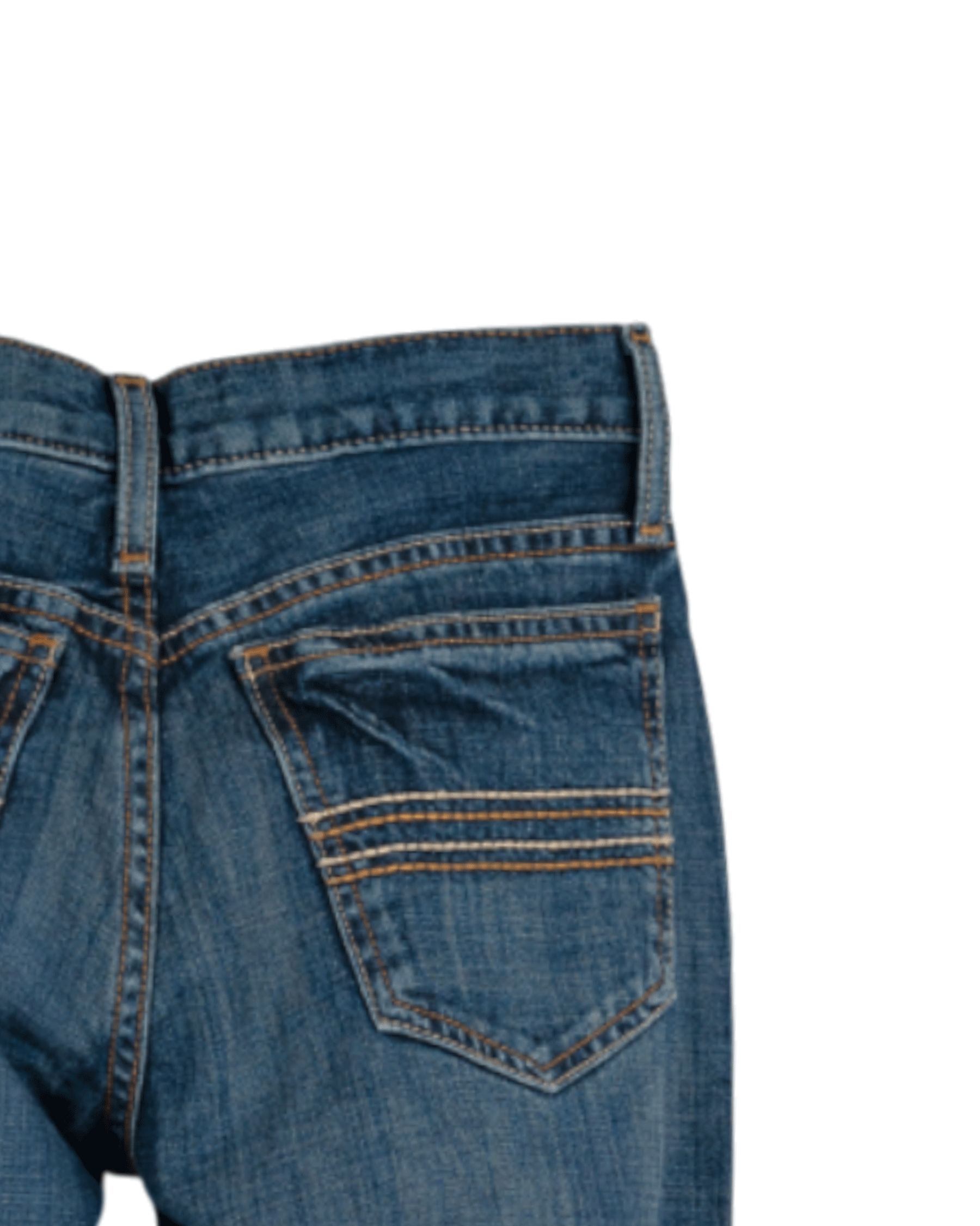 Close-up, back view of a pair of blue jeans with horizontal stitching on the pockets