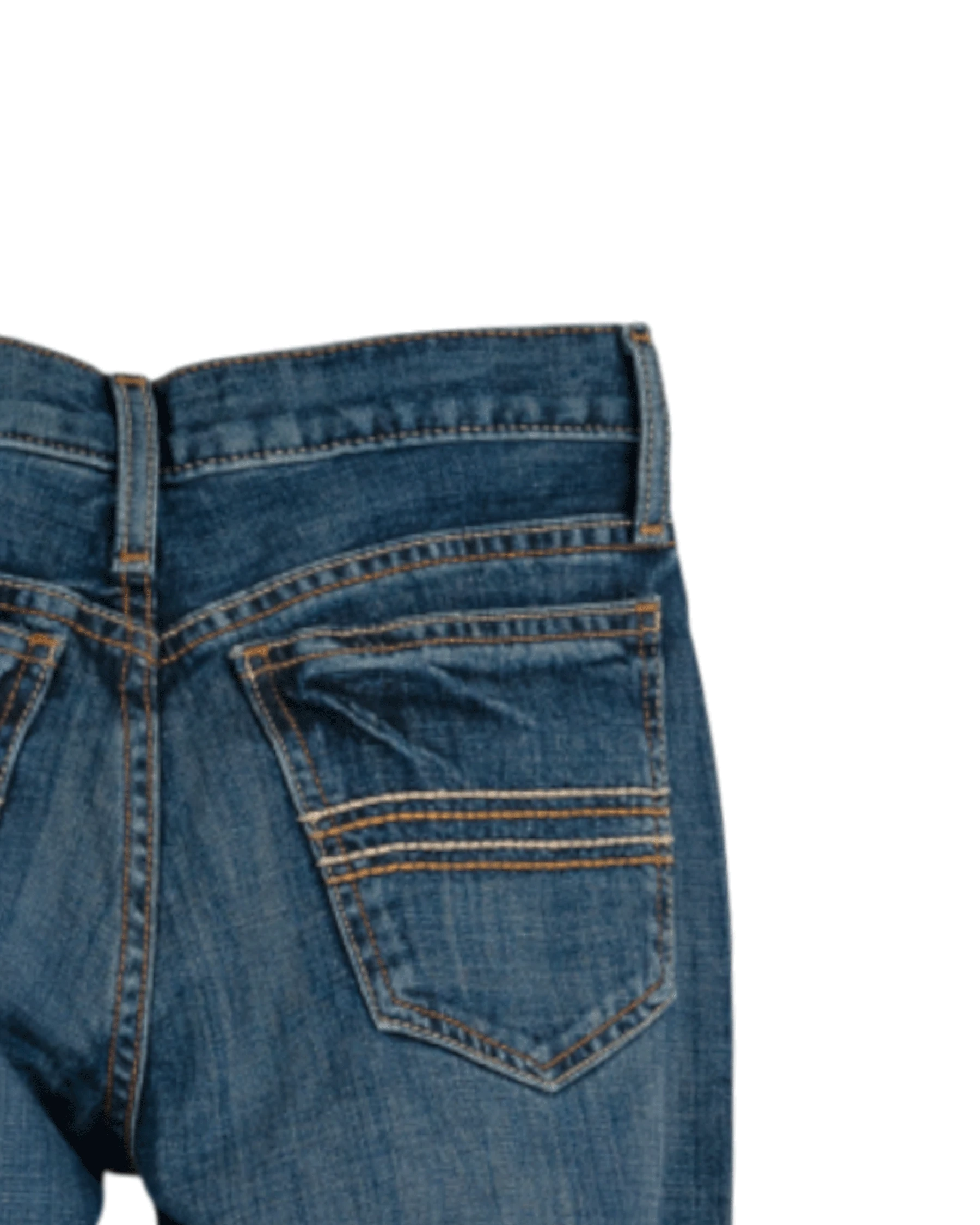 Close-up, back view of a pair of blue jeans with horizontal stitching on the pockets