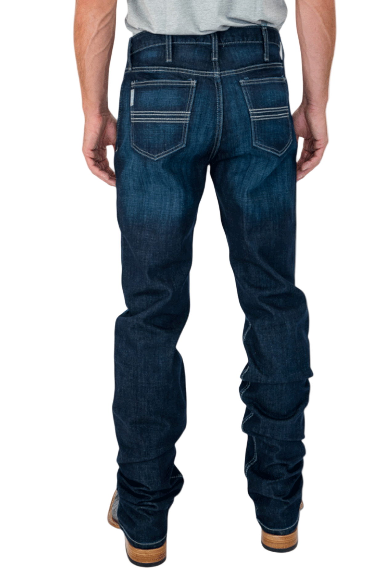Person wearing blue jeans on a white background