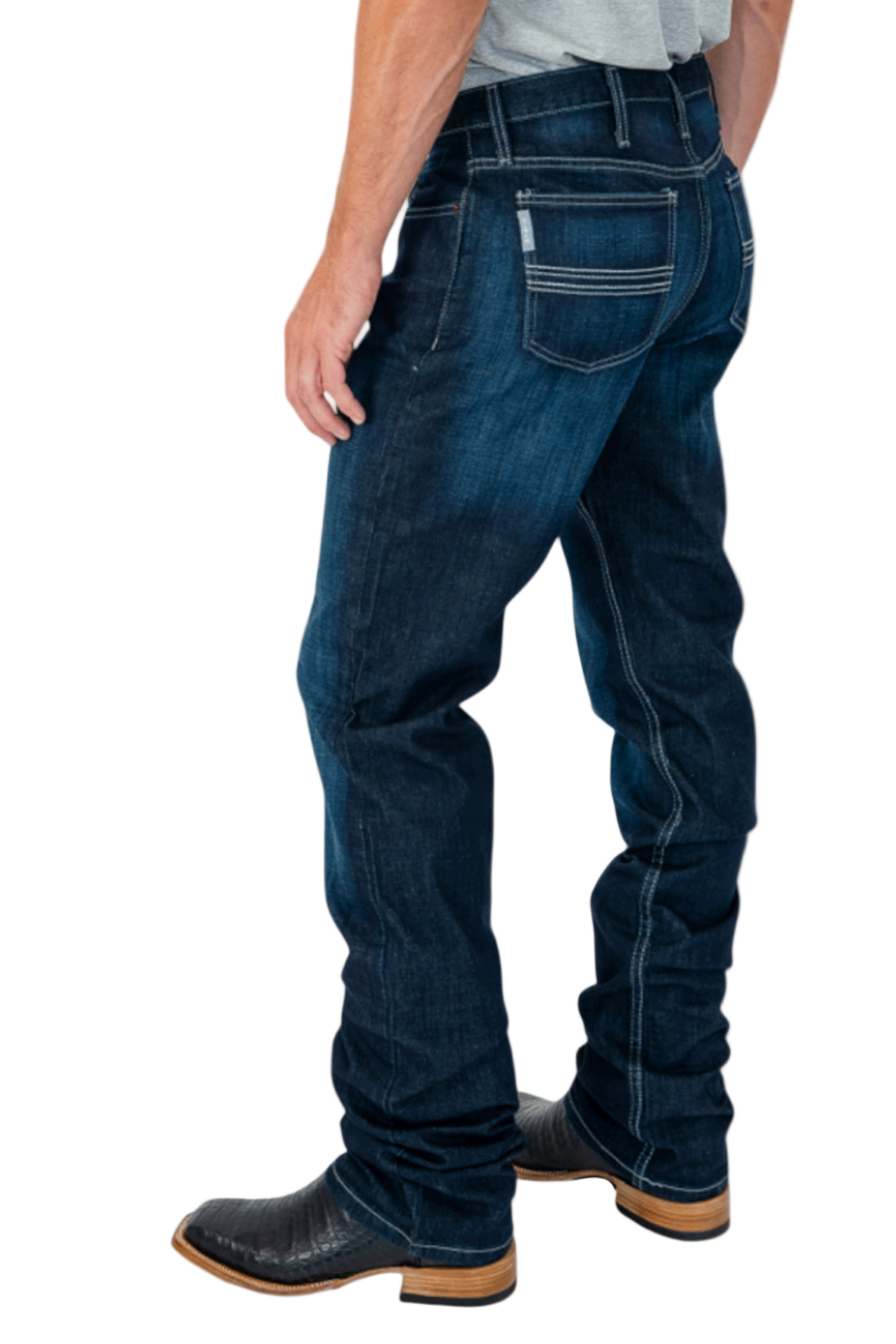 Person wearing dark blue jeans on a white background