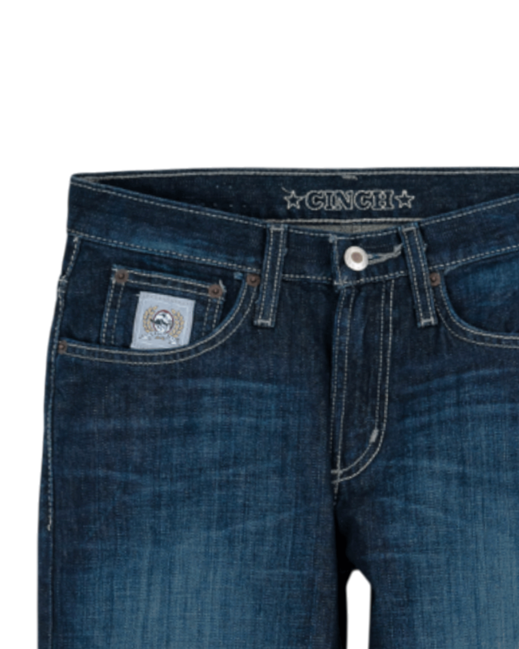Close-up of blue jeans with Cinch branding on a white background