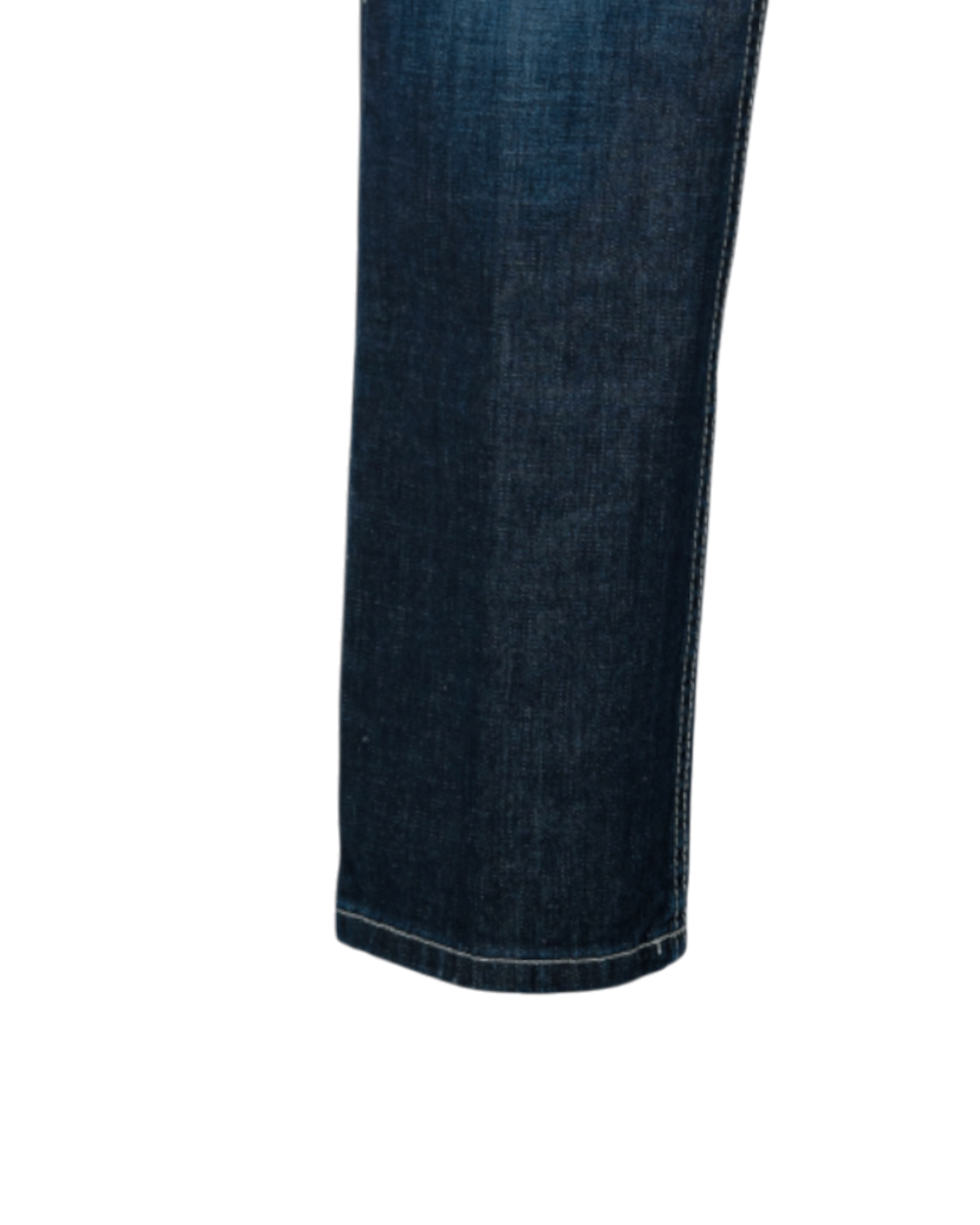 Close-up of dark blue jeans on a white background